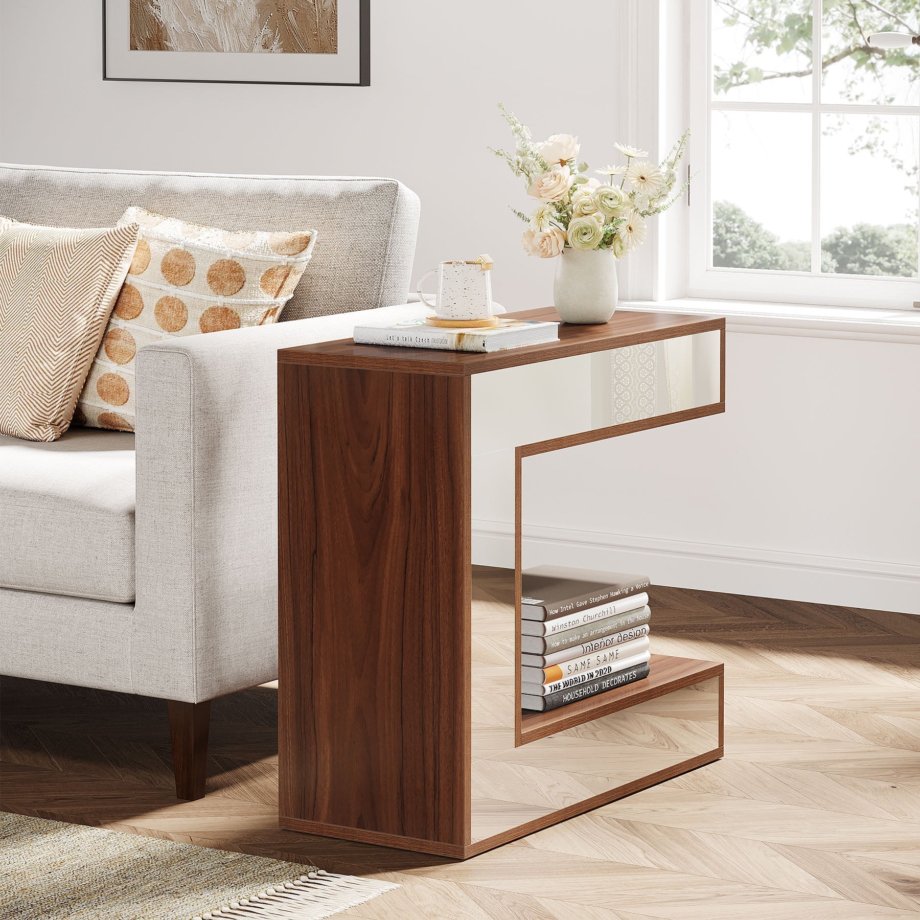 Narrow End Table, Mirrored Sofa Side Table With Storage Shelf