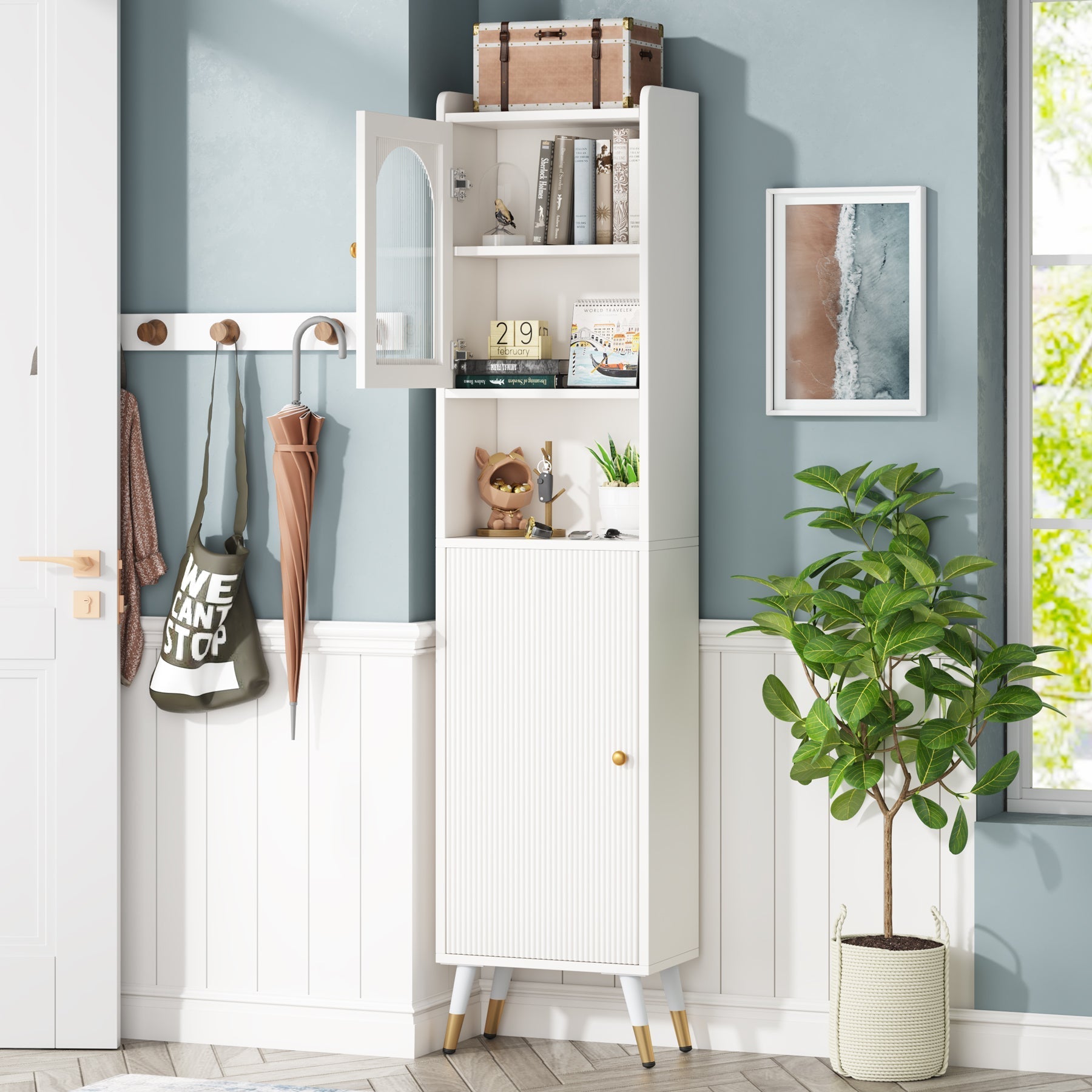 Narrow Storage Cabinet, 170 cm Bathroom Cabinet with 2 Doors and 6 Shelves