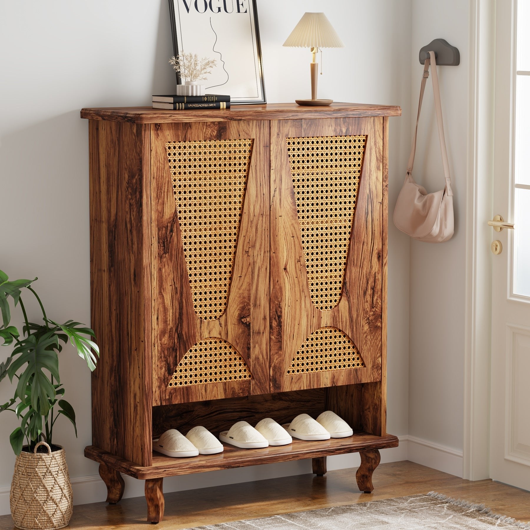 Rattan Shoe Cabinet, 5-Tier Hidden Shoe Rack with Ventilated Doors (cm)