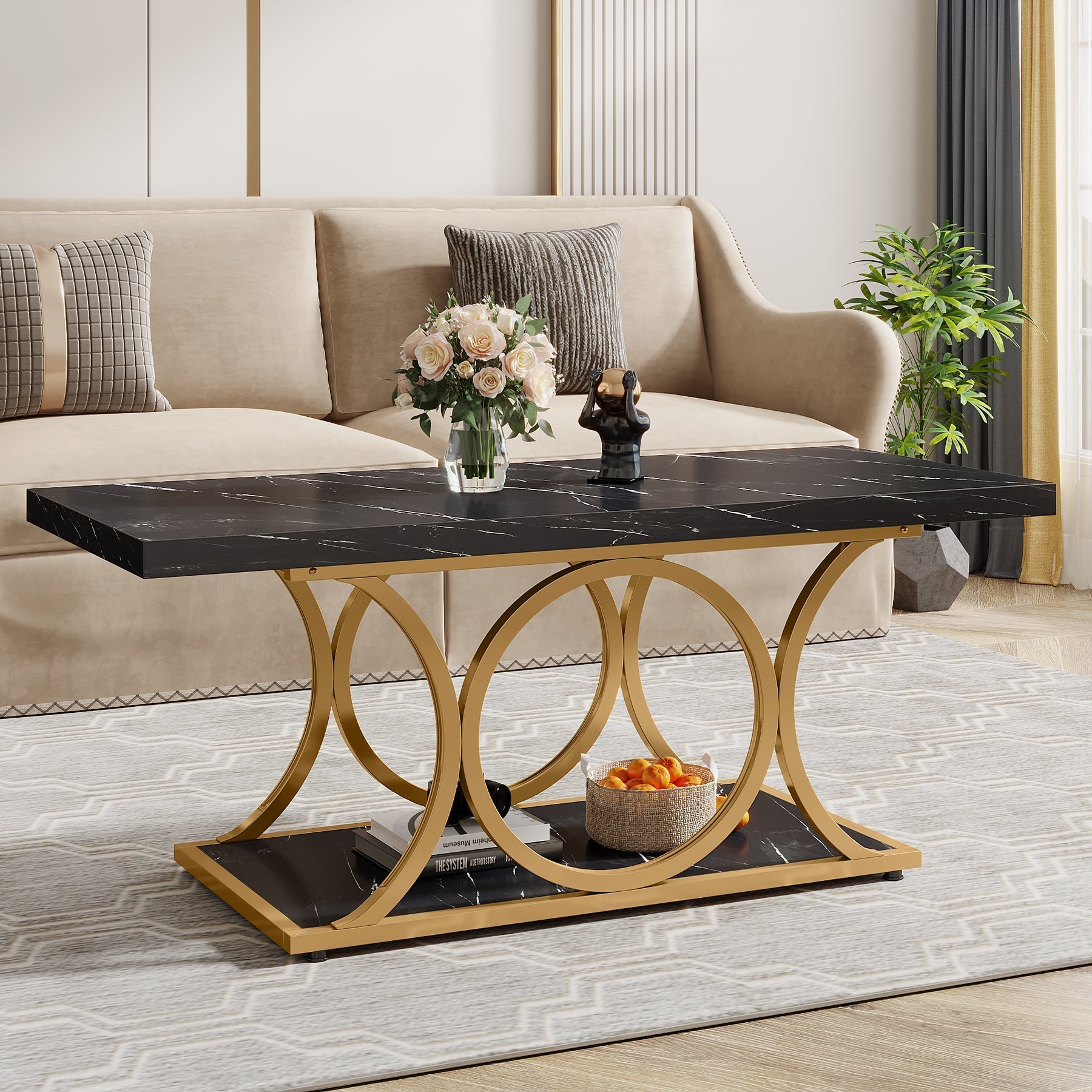 Rectangle Coffee Table, 120 cm Center Table with Faux Marble Top