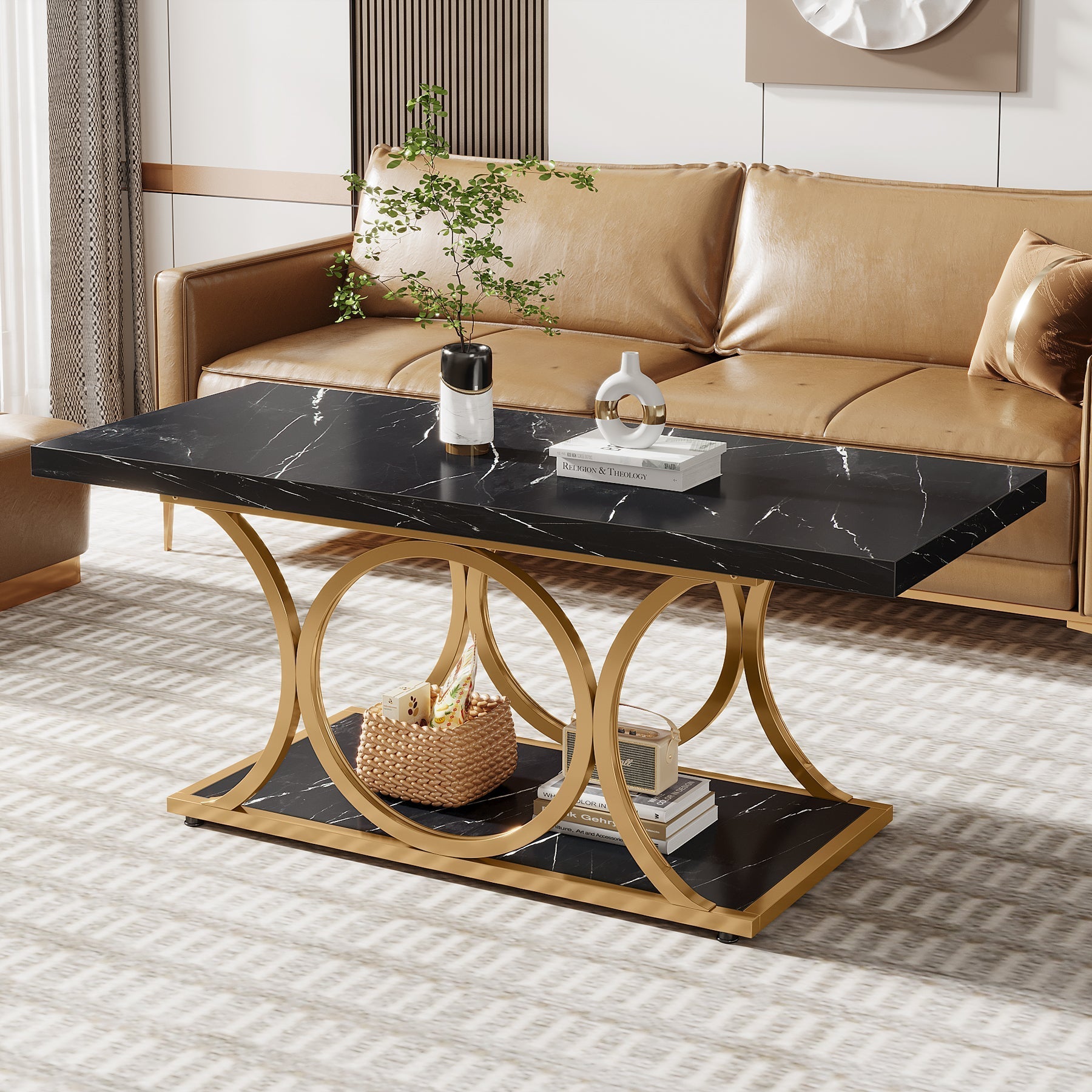 Rectangle Coffee Table, 120 cm Center Table with Faux Marble Top