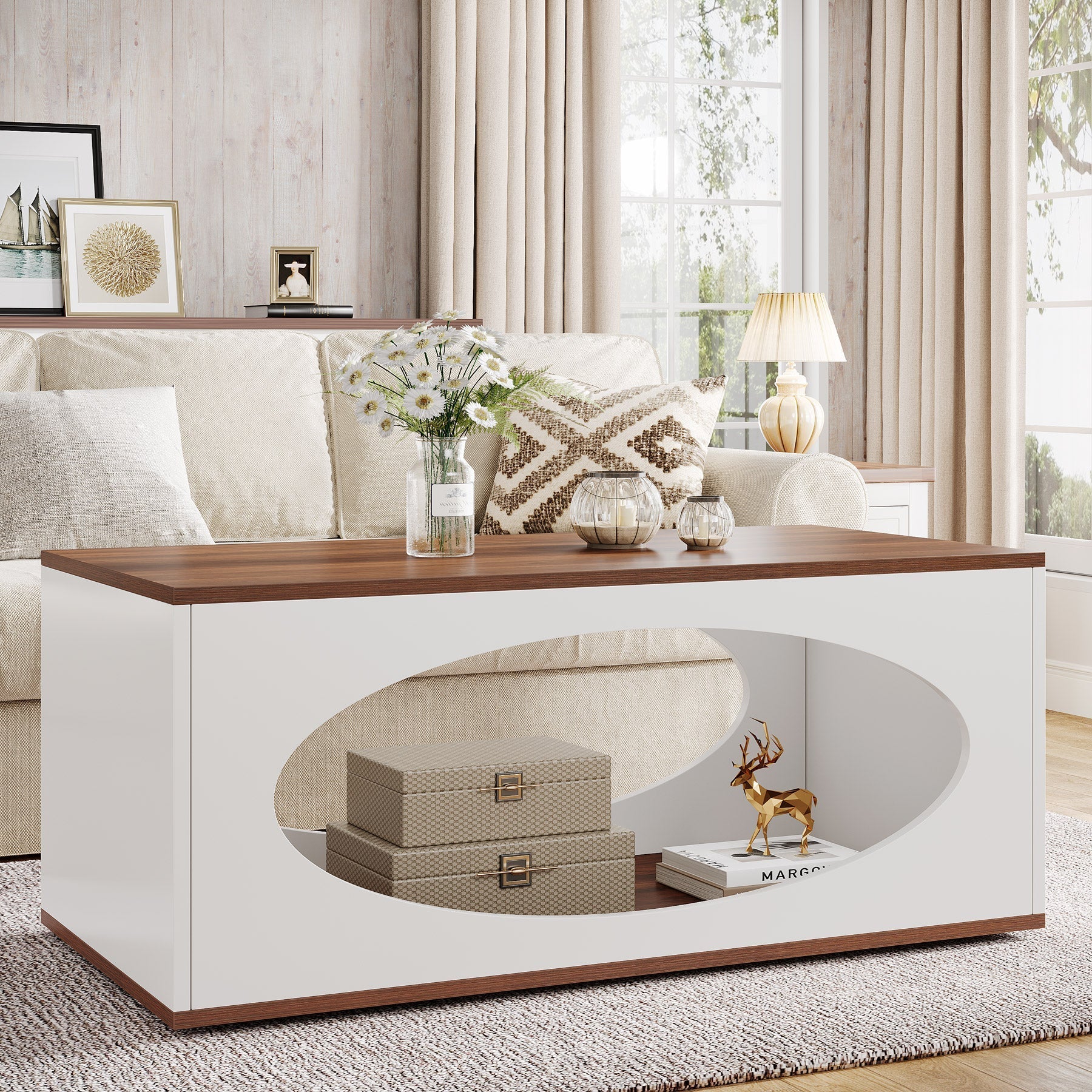 Rectangle Coffee Table, Wood Center Table with Open Storage - 120 cm