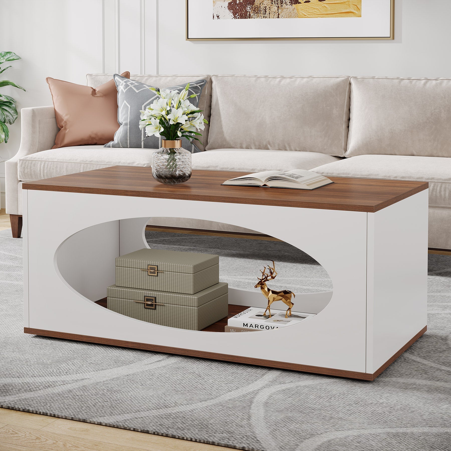 Rectangle Coffee Table, Wood Center Table with Open Storage - 120 cm