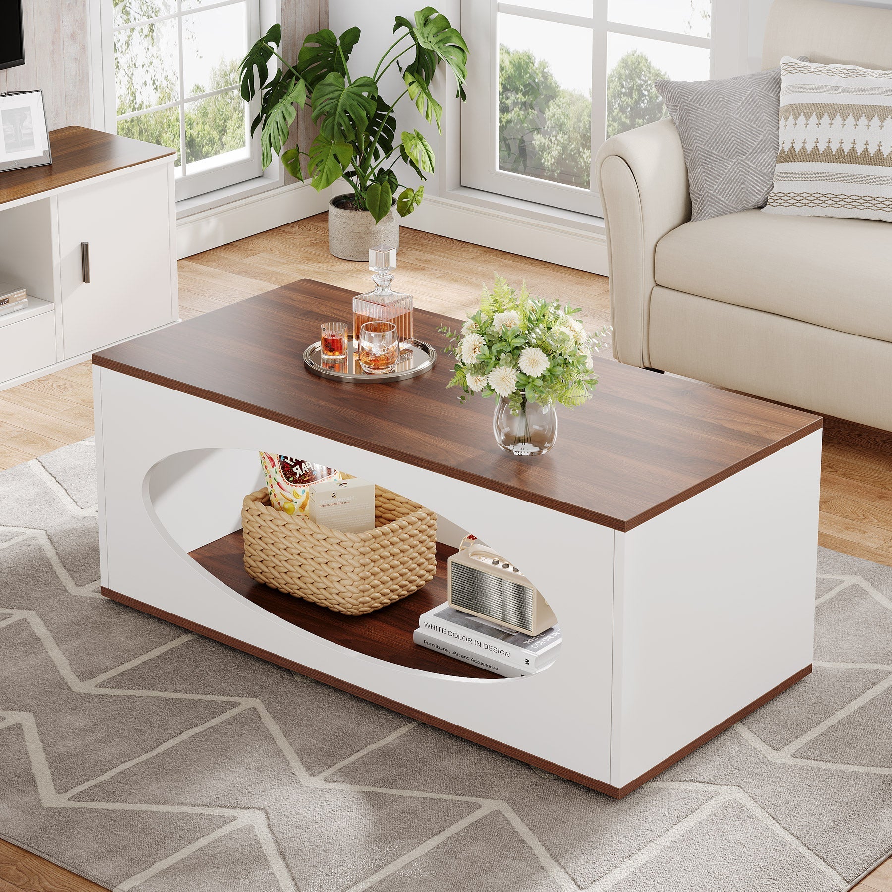 Rectangle Coffee Table, Wood Center Table with Open Storage - 120 cm