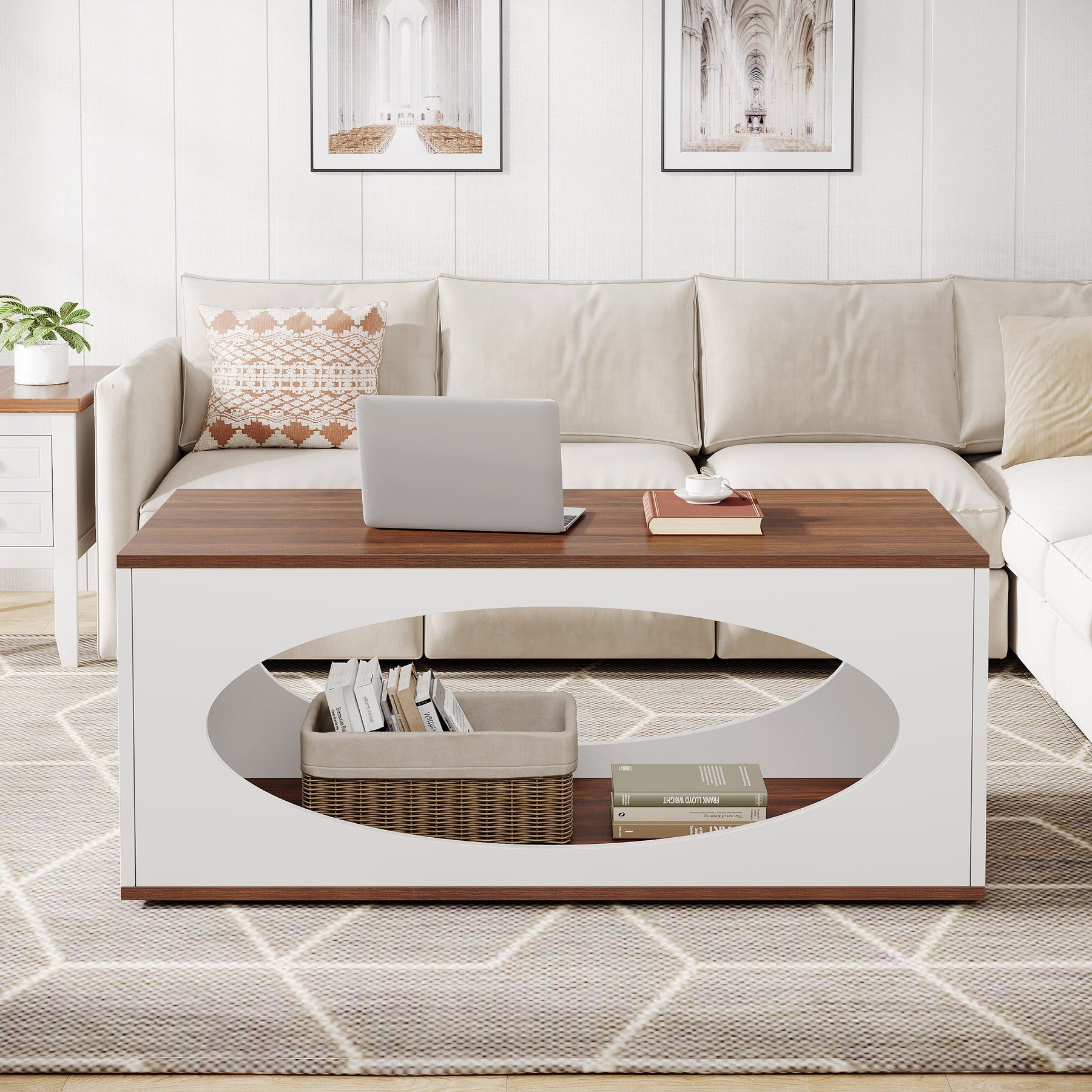 Rectangle Coffee Table, Wood Center Table with Open Storage - 120 cm