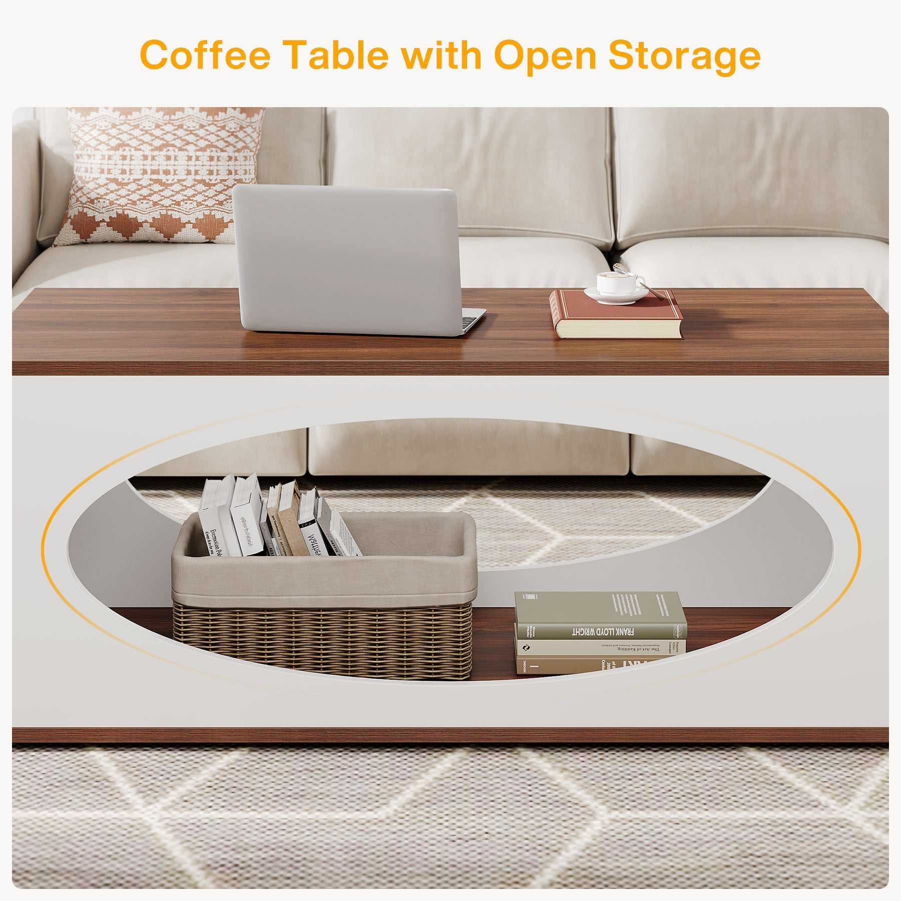 Rectangle Coffee Table, Wood Center Table with Open Storage - 120 cm