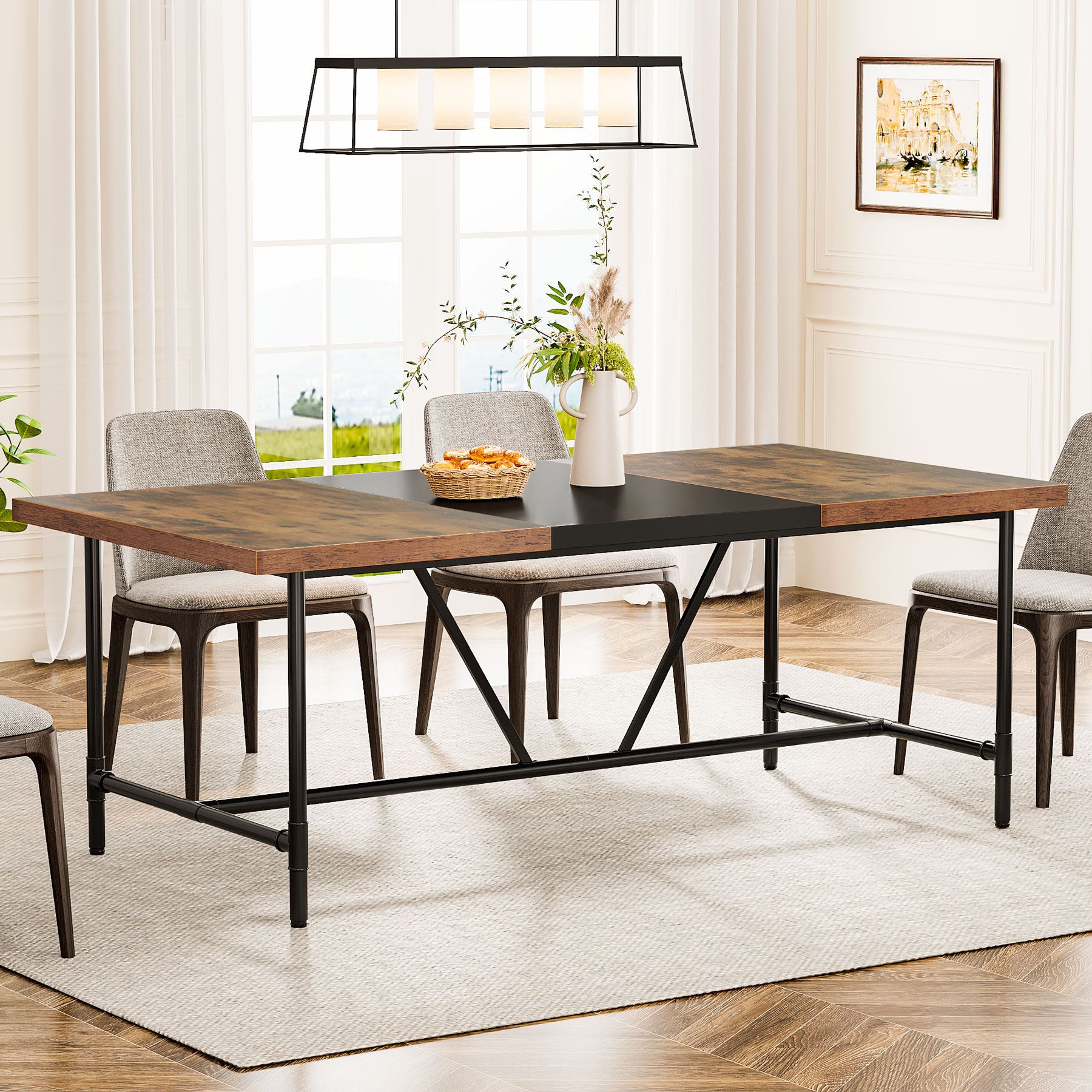 Rectangle Dining Table, Industrial Breakfast Dinner Table for 6-8 People (Dimensions in cm)