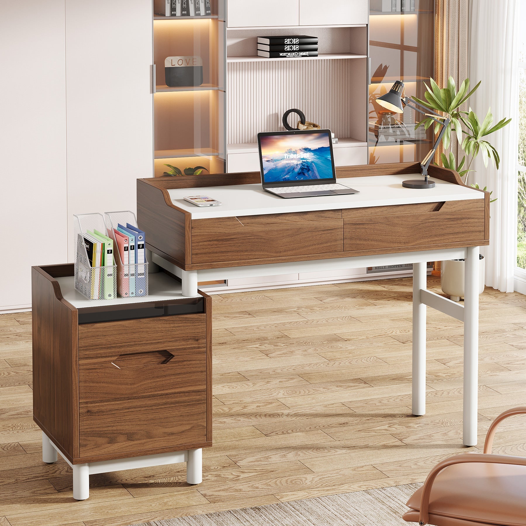 Reversible Computer Desk, Home Office Desk with File Drawer Cabinet (in cm)