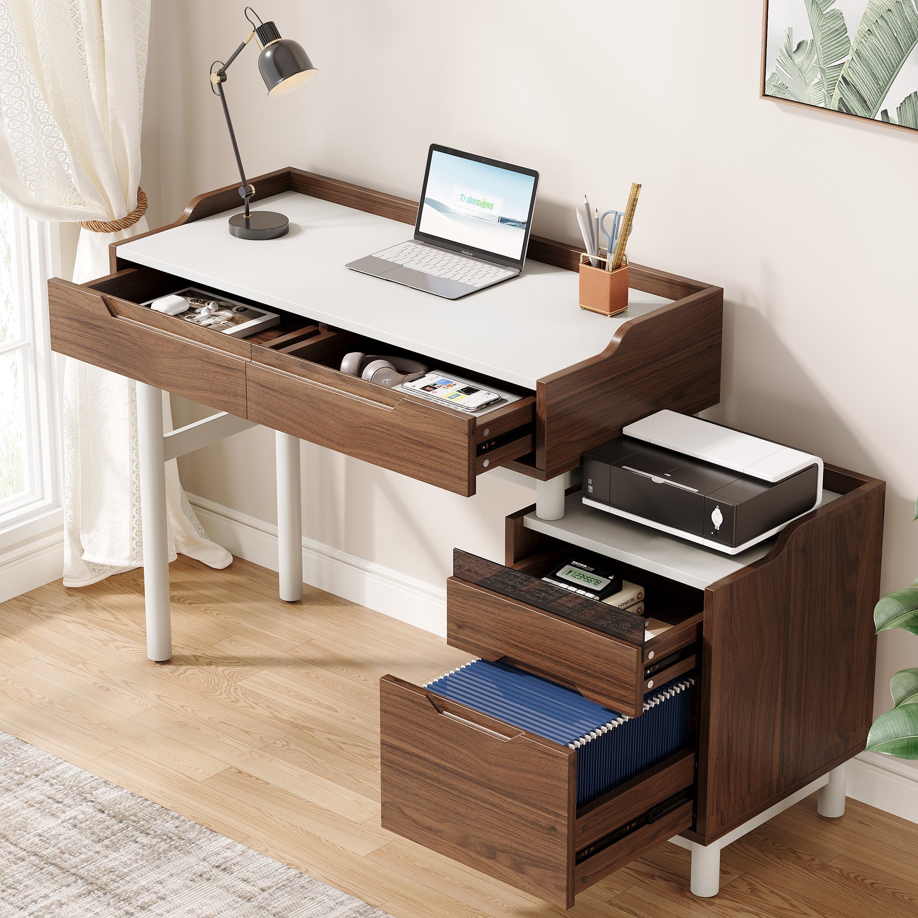 Reversible Computer Desk, Home Office Desk with File Drawer Cabinet (in cm)