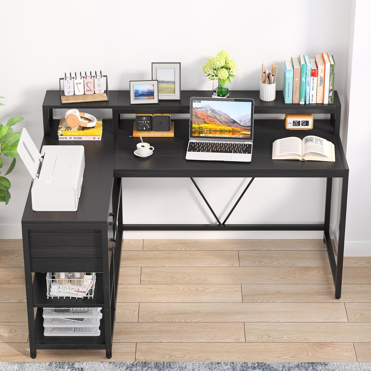 Reversible L-Shaped Desk, Industrial Corner Desk with Drawer & Shelves (Dimensions in cm)