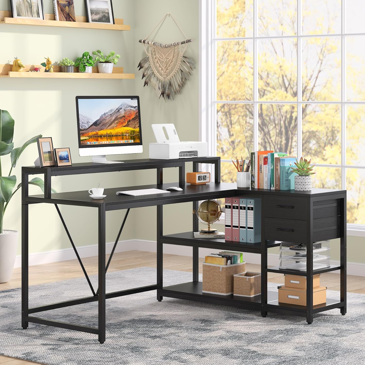 Reversible L-Shaped Desk, Industrial Corner Desk with Drawer & Shelves (Dimensions in cm)