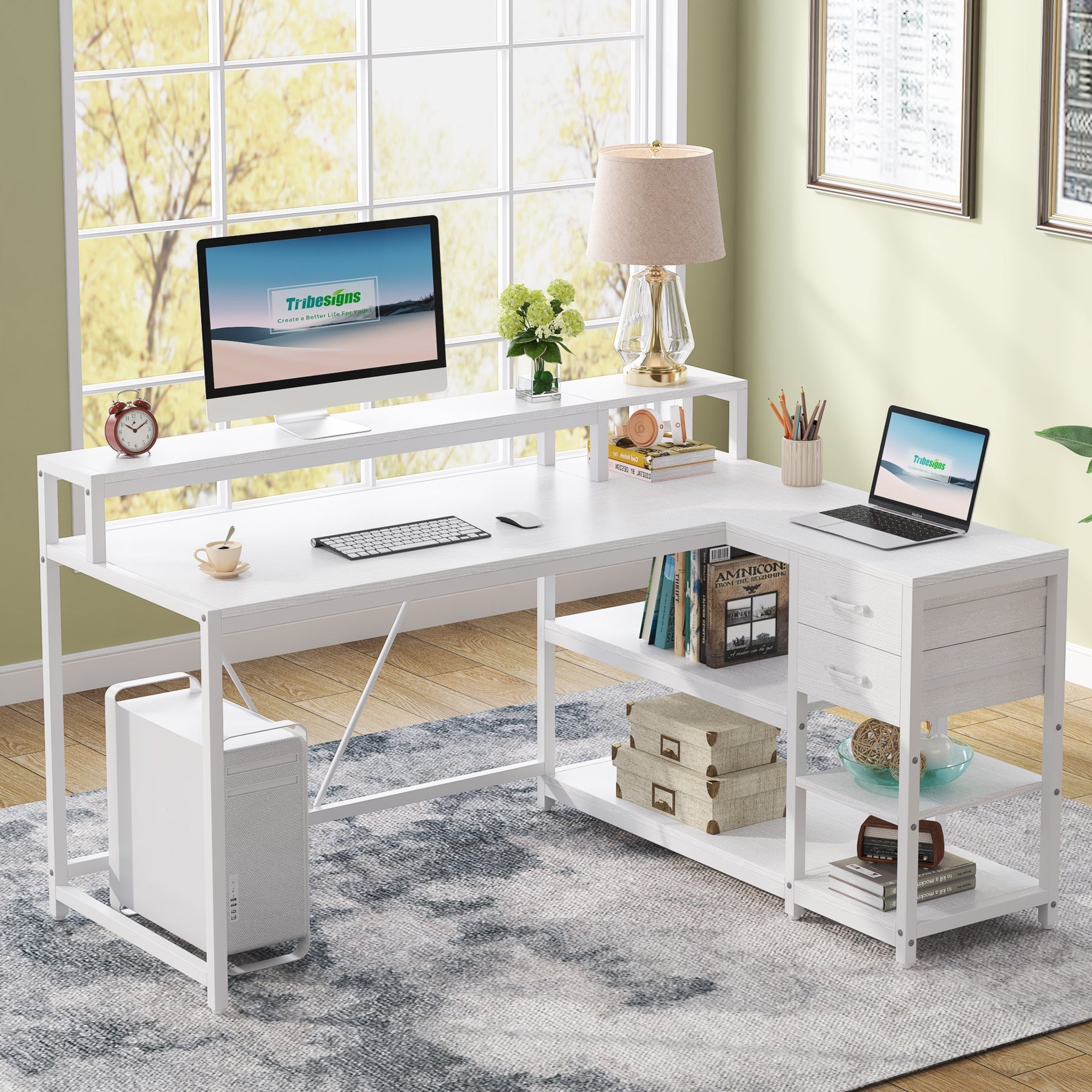 Reversible L-Shaped Desk, Industrial Corner Desk with Drawer & Shelves (Dimensions in cm)