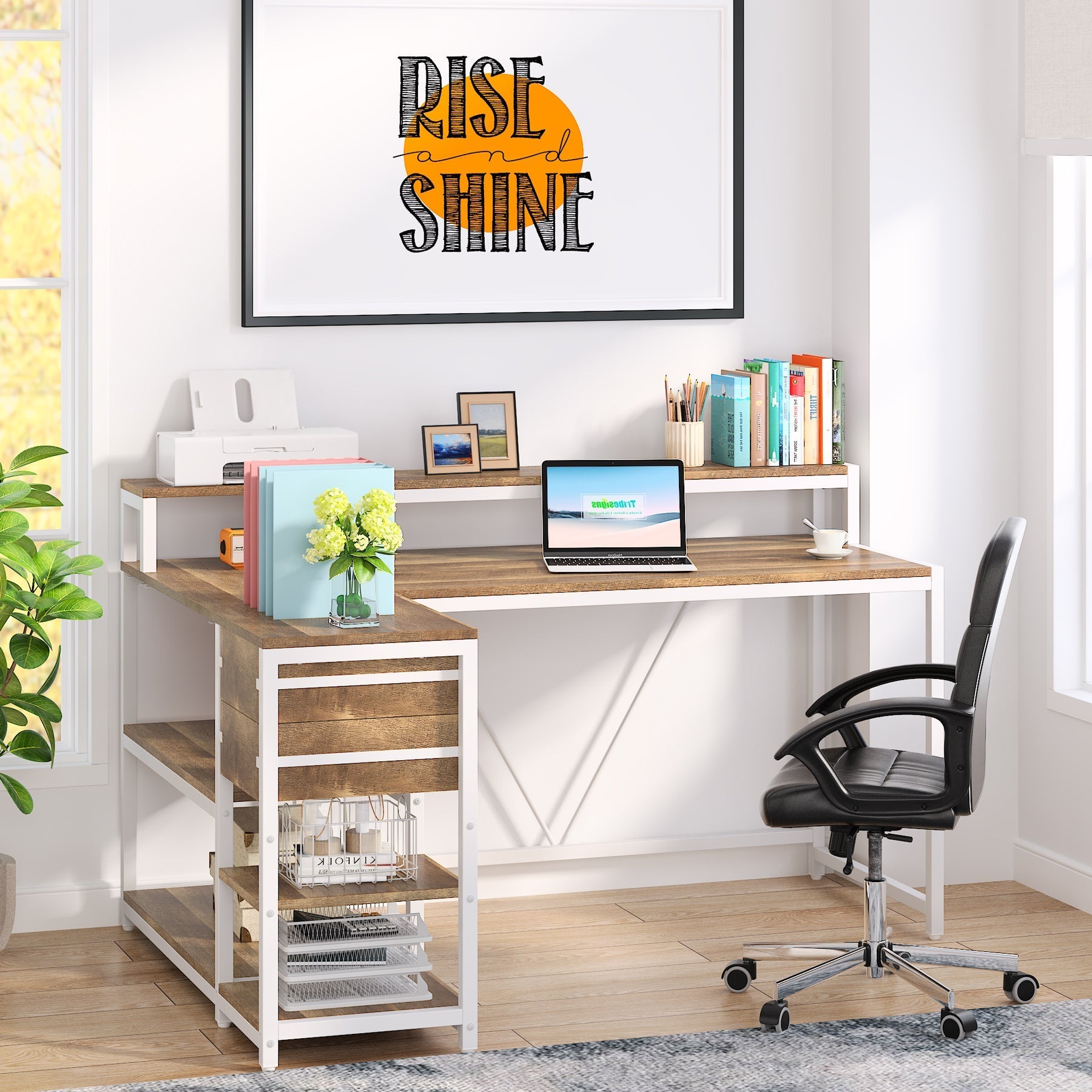 Reversible L-Shaped Desk, Industrial Corner Desk with Drawer & Shelves (Dimensions in cm)