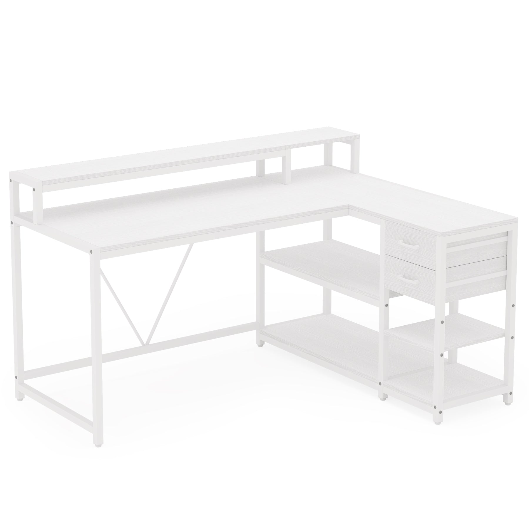 Reversible L-Shaped Desk, Industrial Corner Desk with Drawer & Shelves (Dimensions in cm)