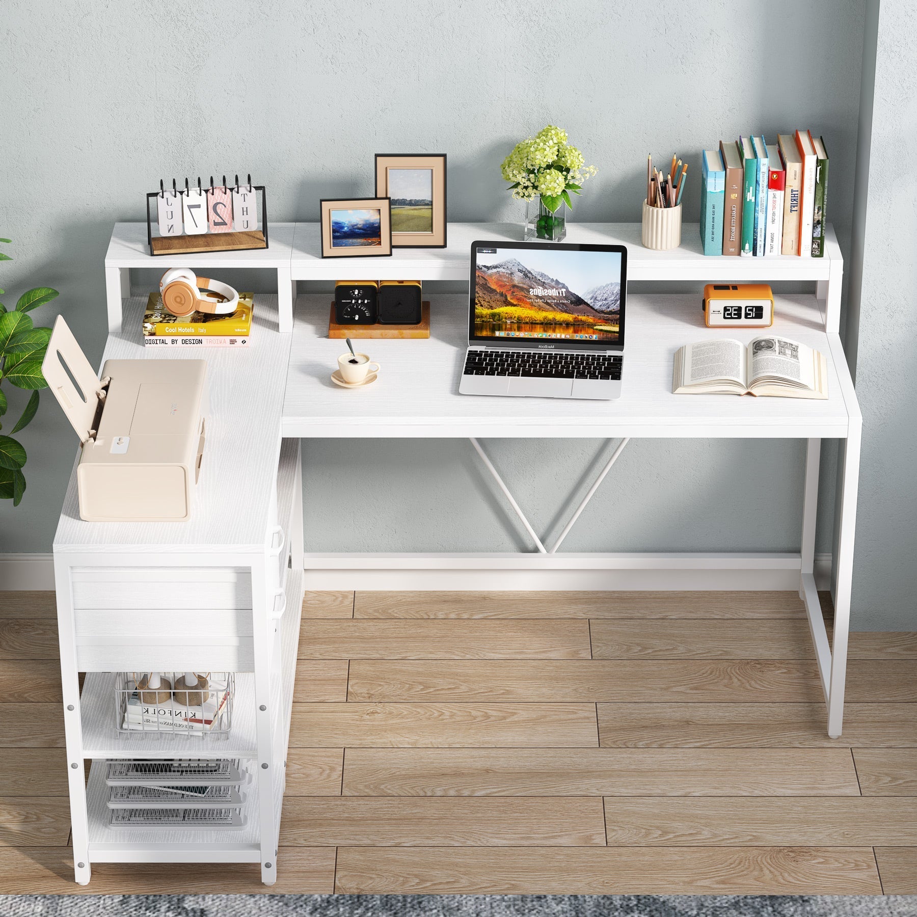 Reversible L-Shaped Desk, Industrial Corner Desk with Drawer & Shelves (Dimensions in cm)