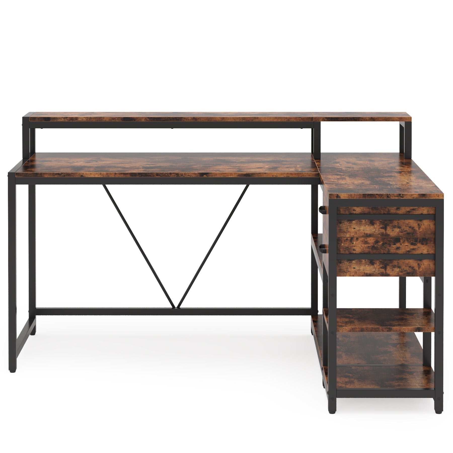 Reversible L-Shaped Desk, Industrial Corner Desk with Drawer & Shelves (Dimensions in cm)