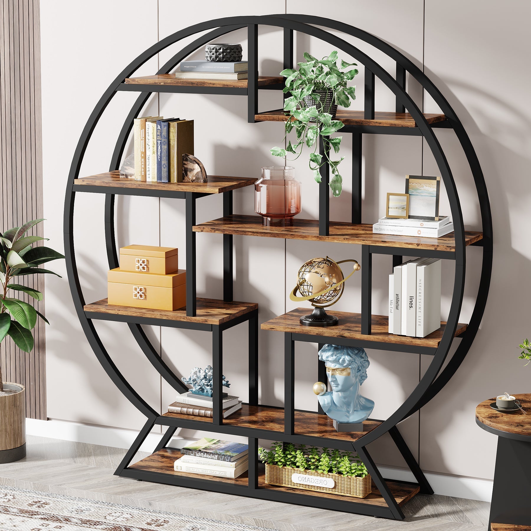 Round Bookshelf, 160 cm Etagere Bookcase with Staggered Shelves