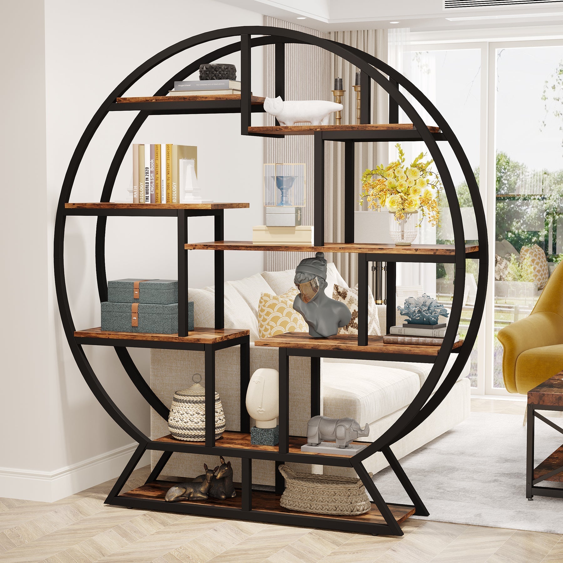 Round Bookshelf, 160 cm Etagere Bookcase with Staggered Shelves