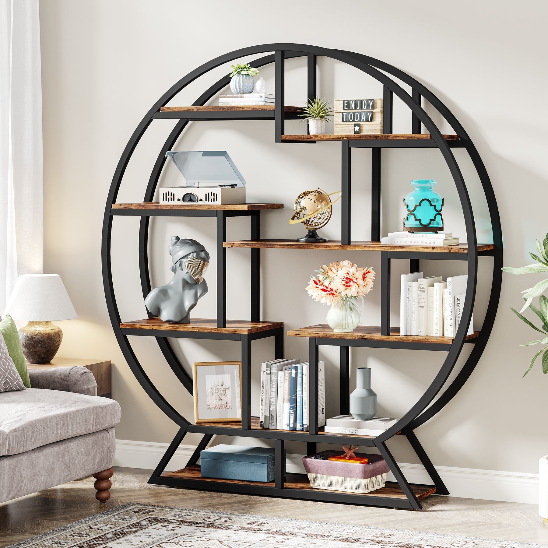 Round Bookshelf, 160 cm Etagere Bookcase with Staggered Shelves