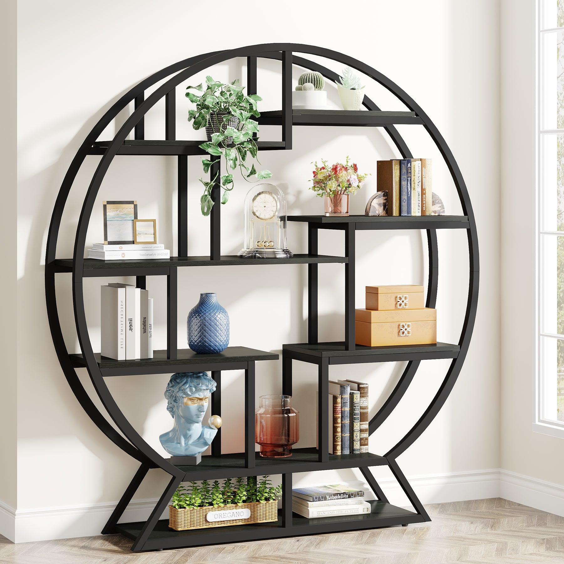 Round Bookshelf, 160 cm Etagere Bookcase with Staggered Shelves