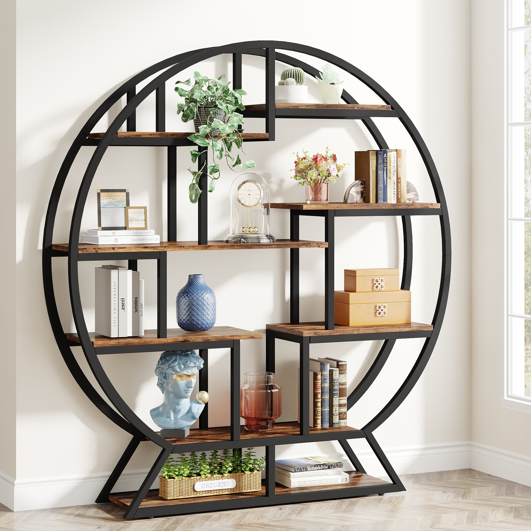 Round Bookshelf, 160 cm Etagere Bookcase with Staggered Shelves