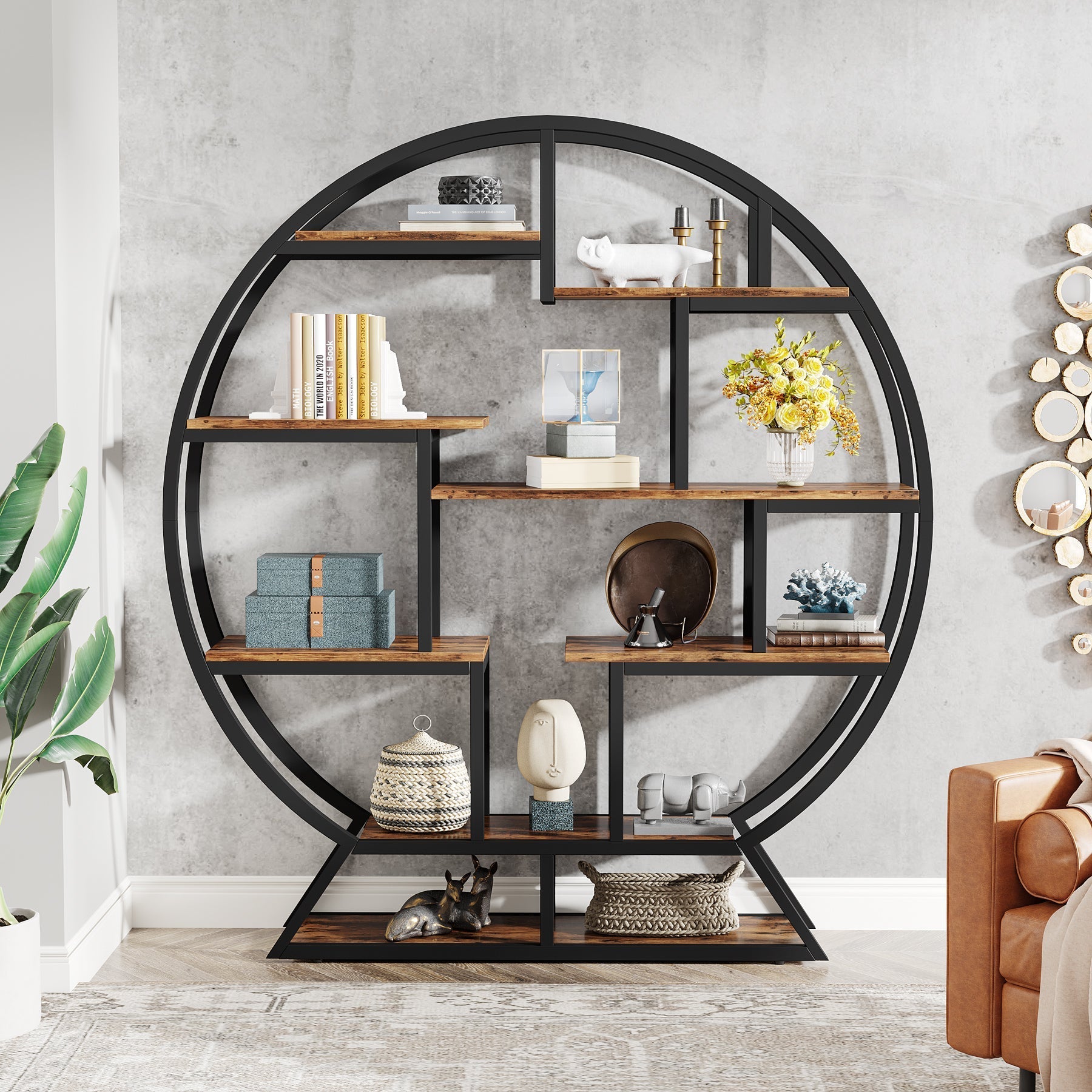 Round Bookshelf, 160 cm Etagere Bookcase with Staggered Shelves