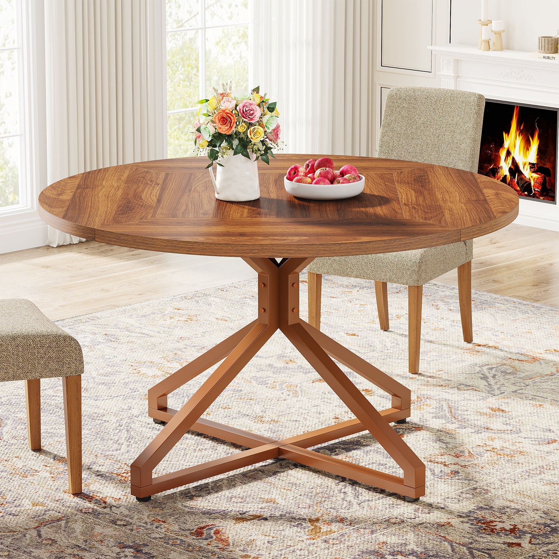 Round Dining Table, 120 cm Circle Kitchen Table for 4-6 People