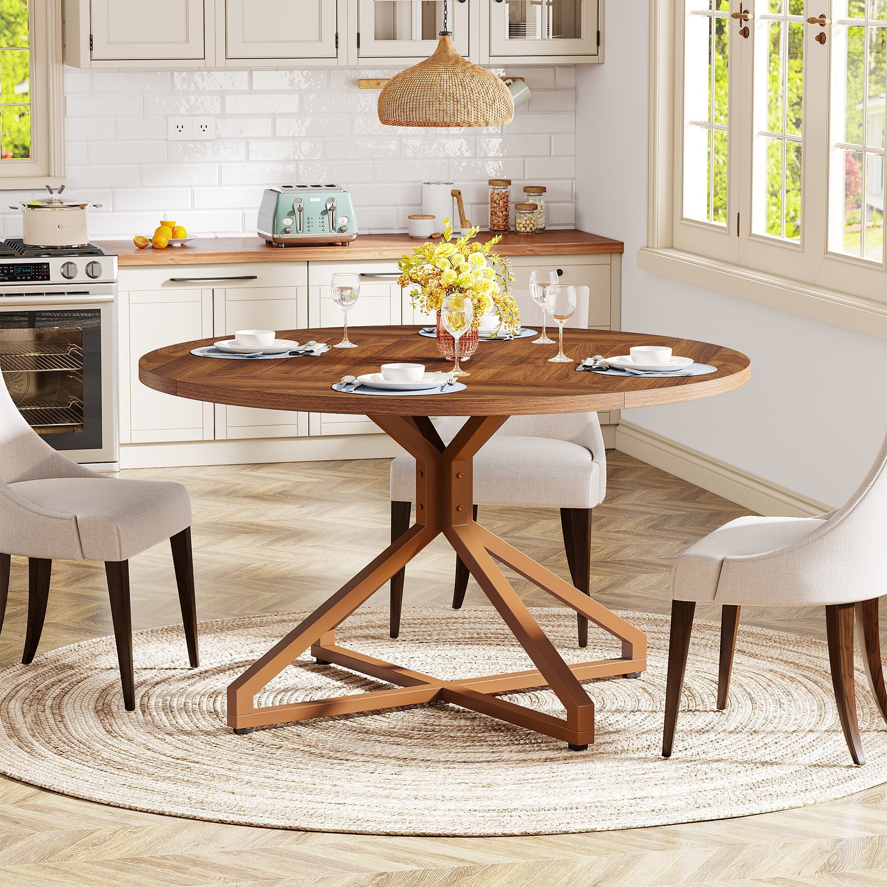 Round Dining Table, 120 cm Circle Kitchen Table for 4-6 People