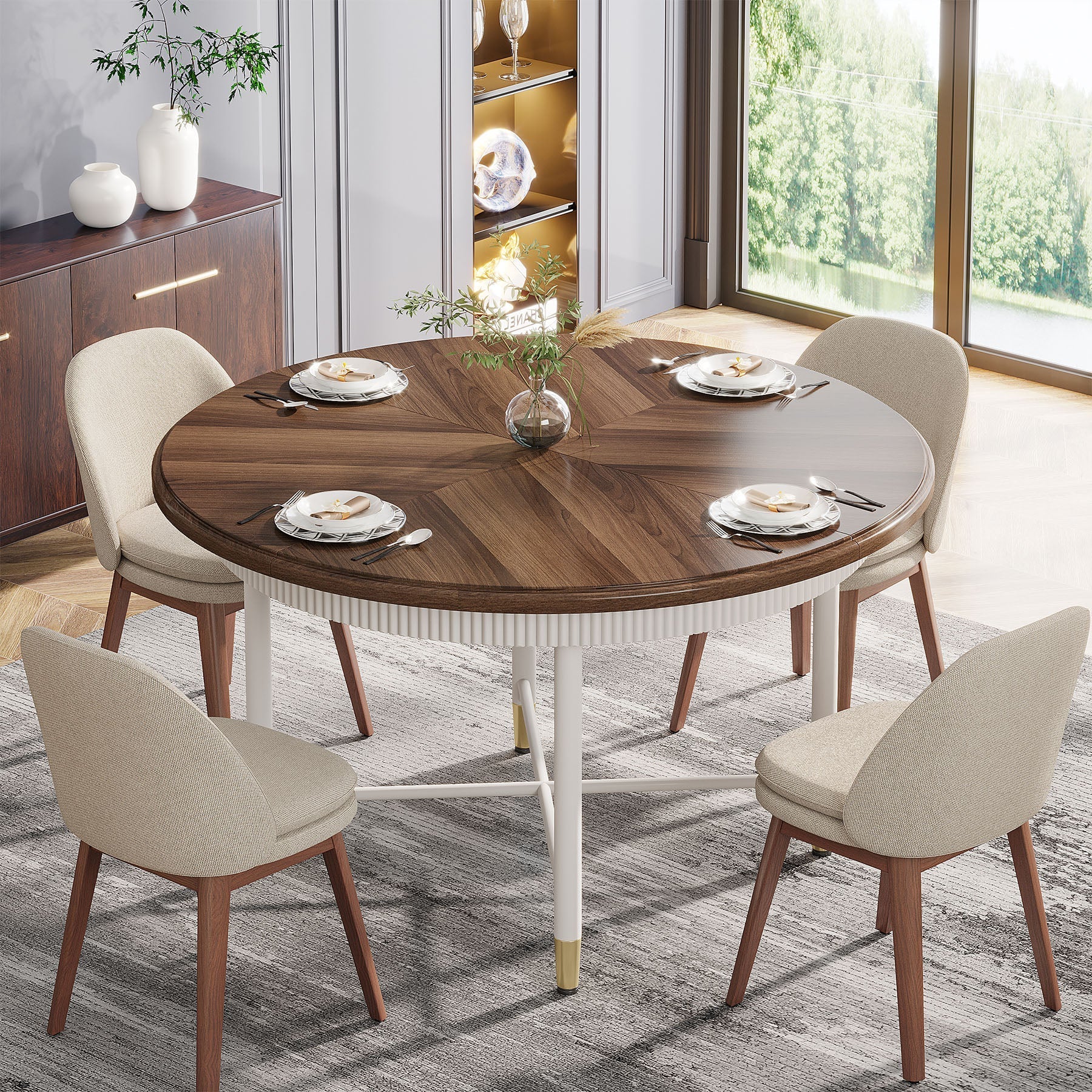 Round Dining Table, 120 cm Kitchen Table with Solid Metal Frame for 4-6 People