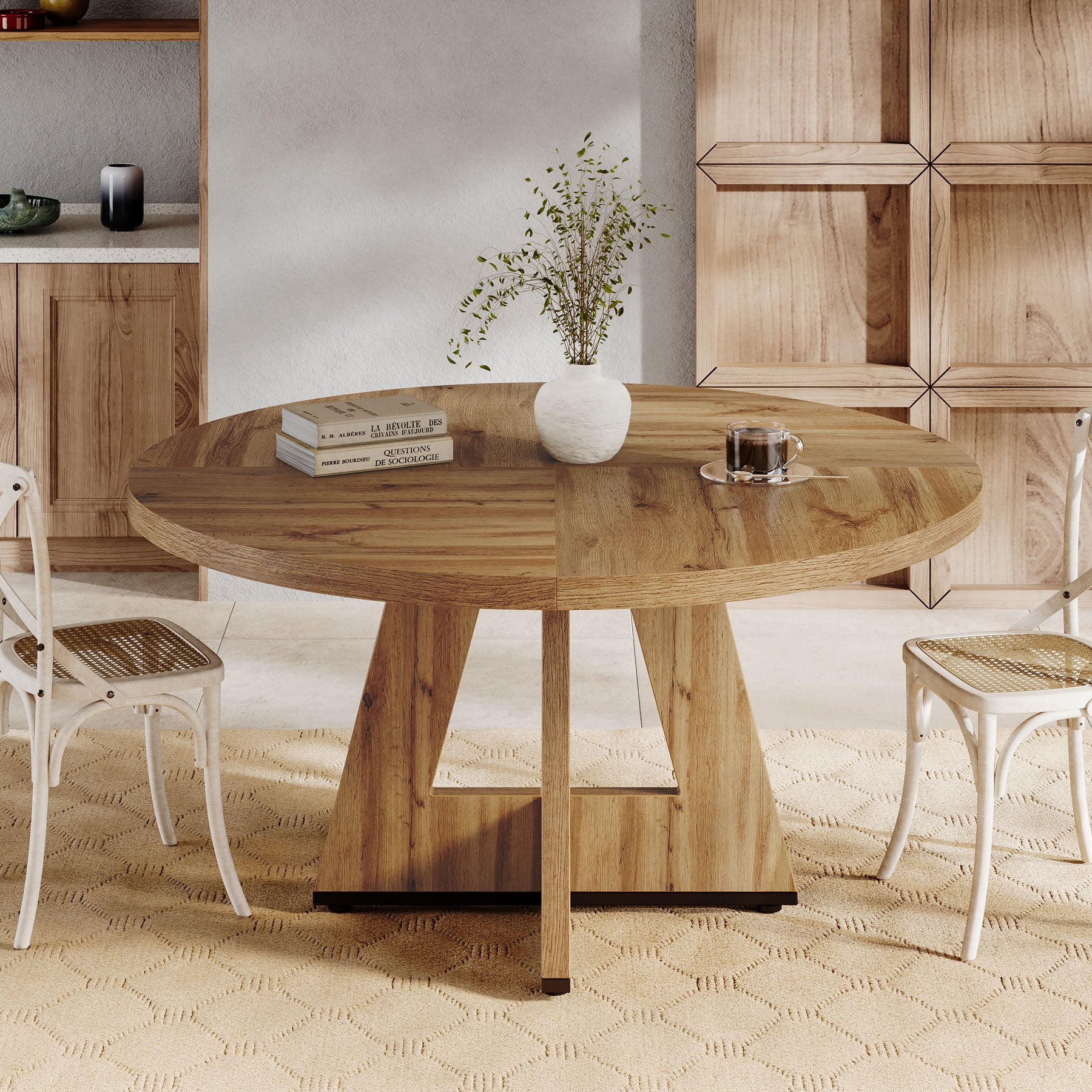 Round Dining Table for 4, 120 cm Wood Kitchen Table Farmhouse Dinner Table