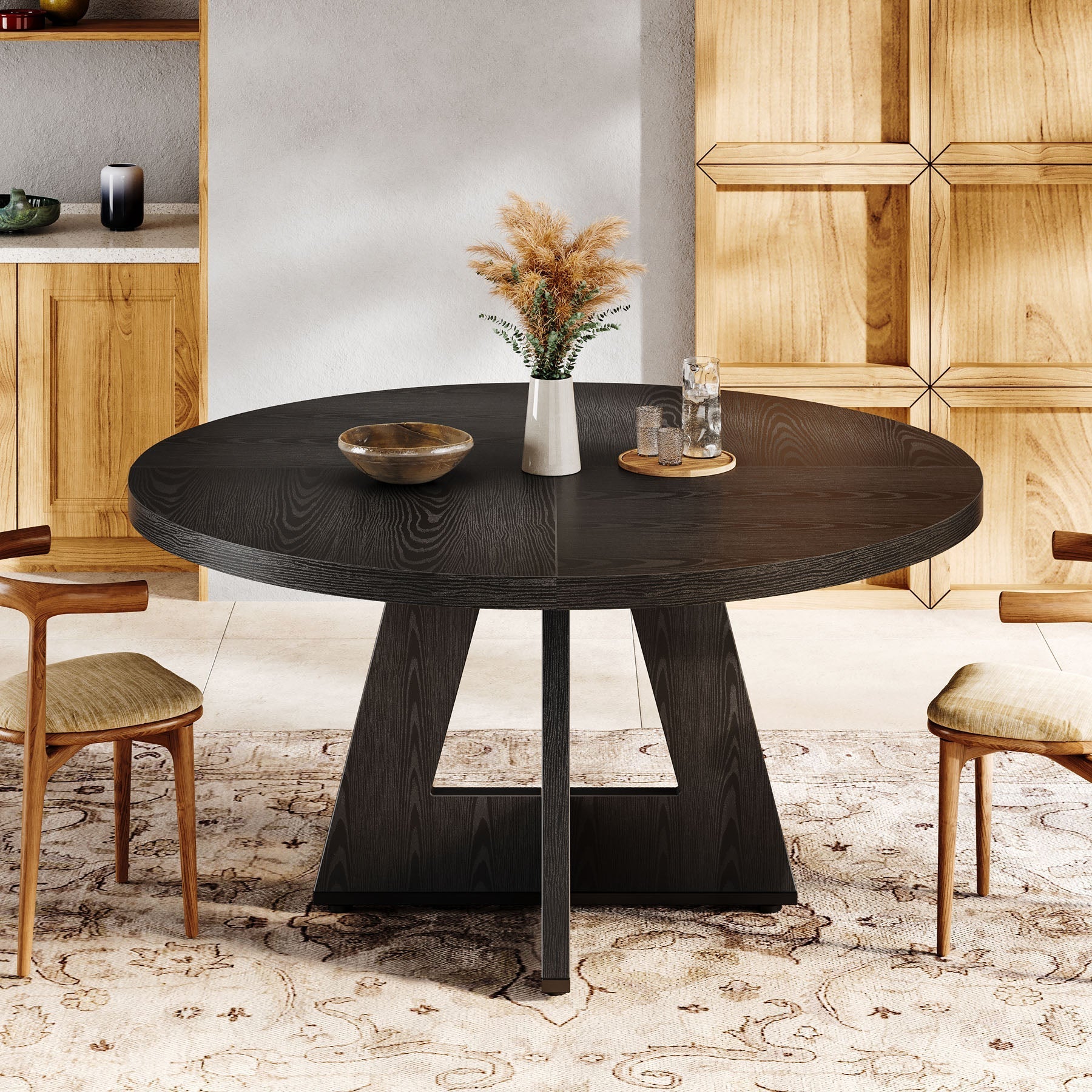 Round Dining Table for 4, 120 cm Wood Kitchen Table Farmhouse Dinner Table