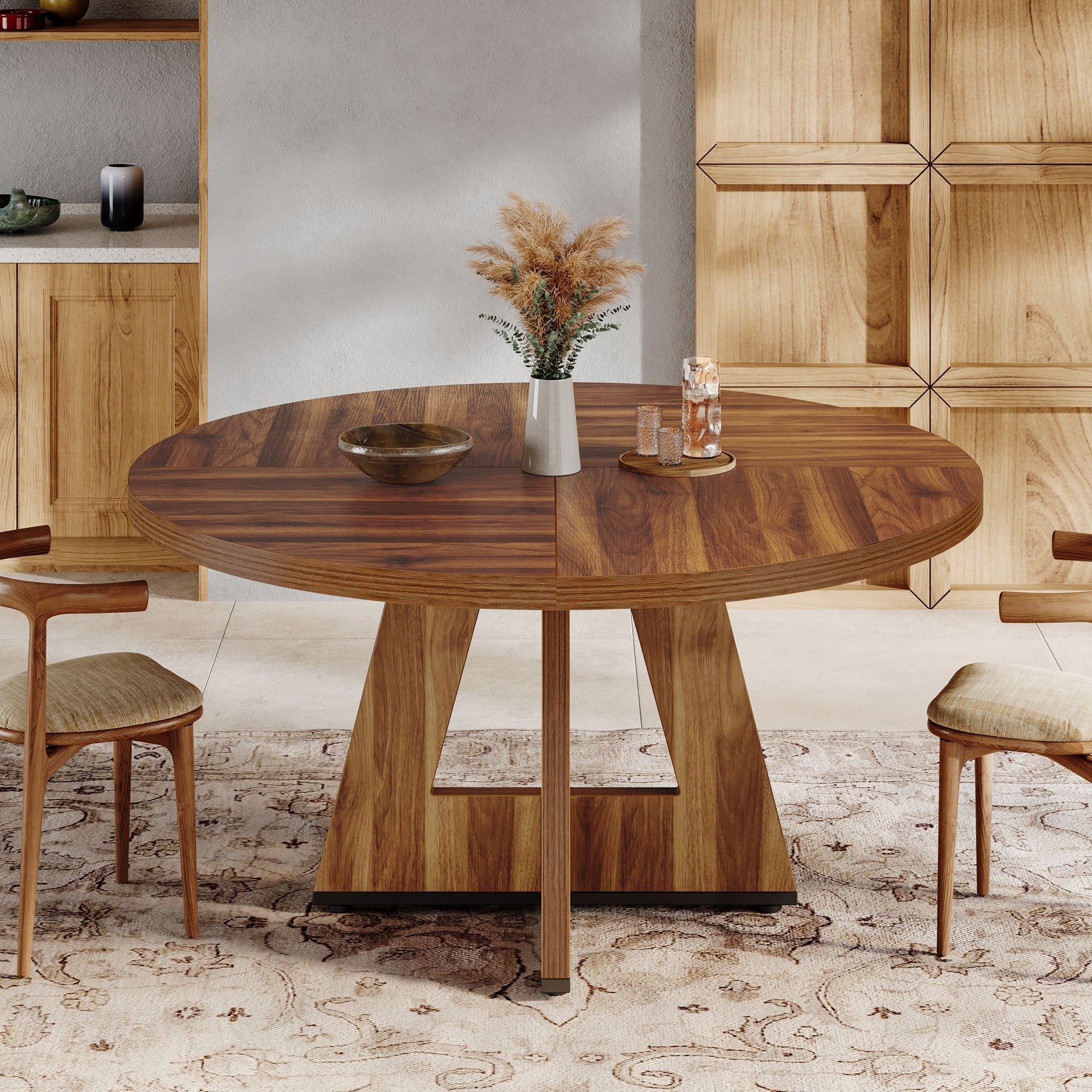 Round Dining Table for 4, 120 cm Wood Kitchen Table Farmhouse Dinner Table