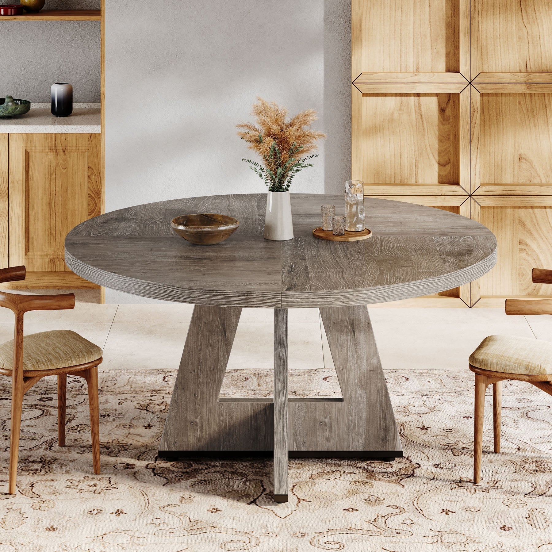 Round Dining Table for 4, 120 cm Wood Kitchen Table Farmhouse Dinner Table