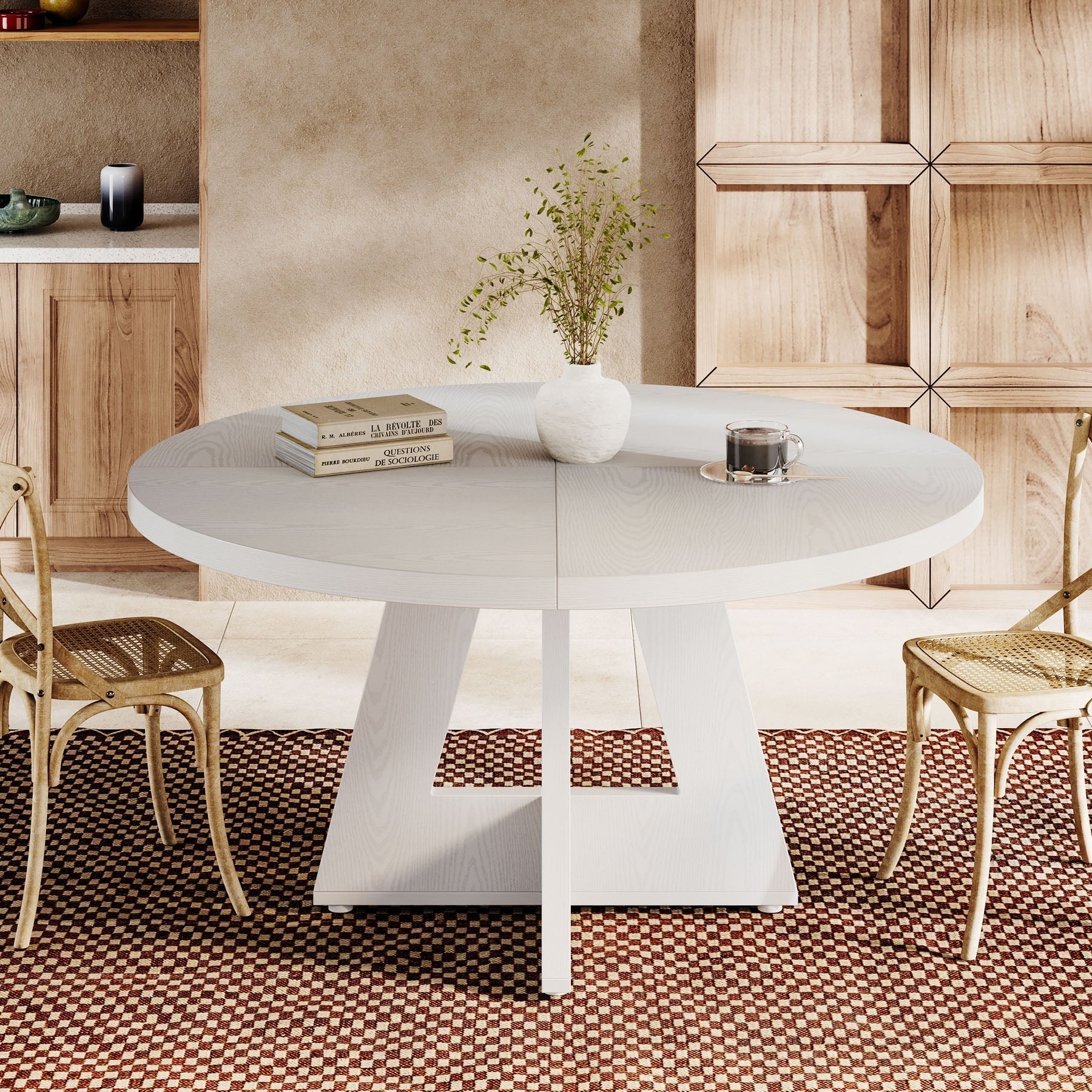 Round Dining Table for 4, 120 cm Wood Kitchen Table Farmhouse Dinner Table