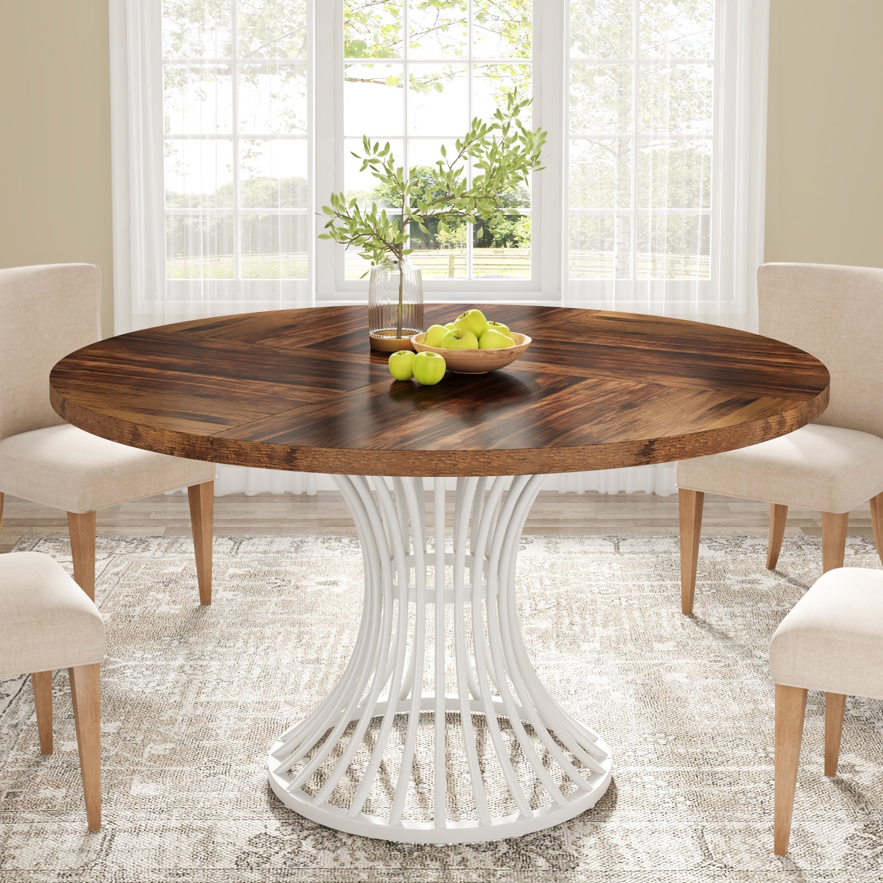 Round Dining Table for 4-6, 120 cm Farmhouse Circle Kitchen Table