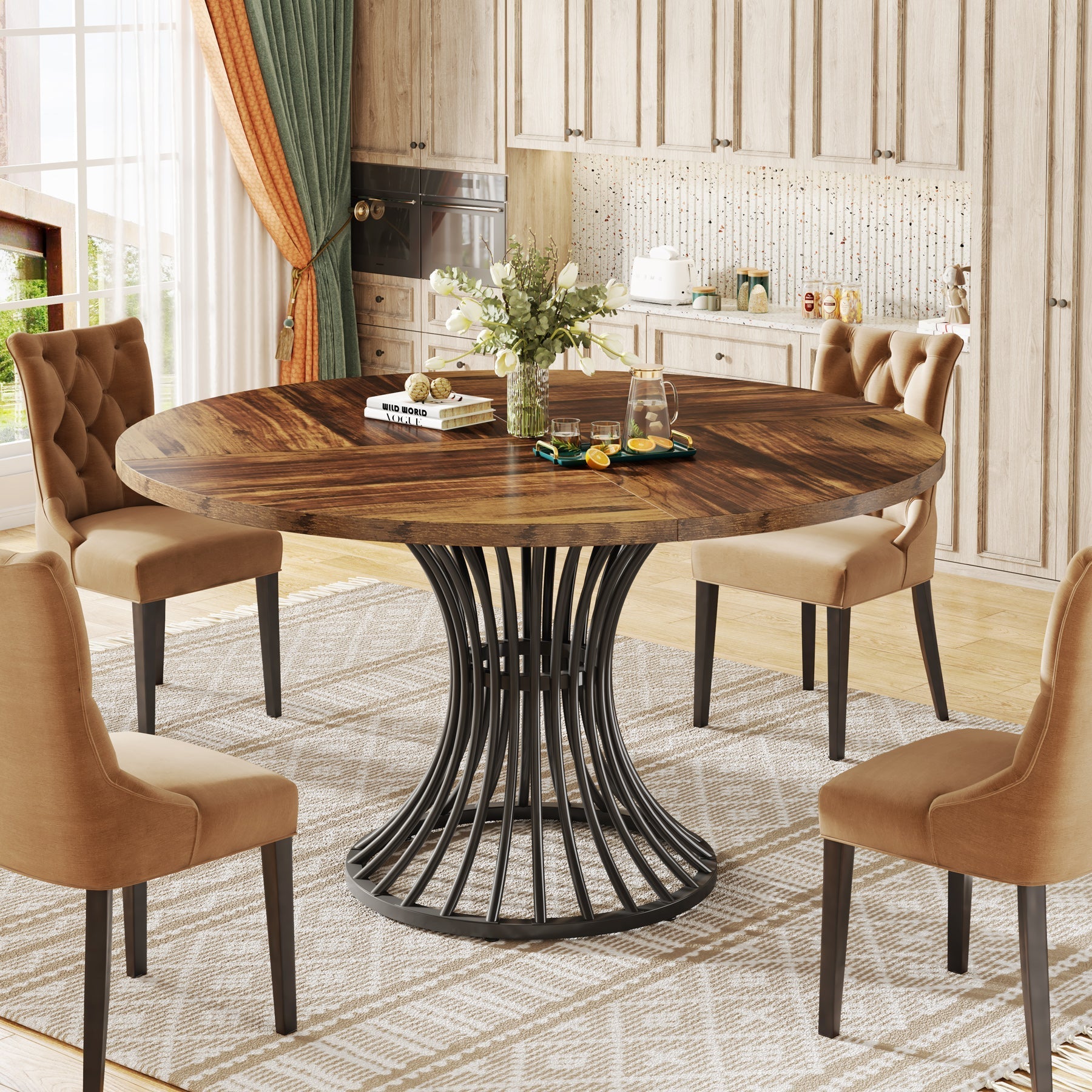 Round Dining Table for 4-6, 120 cm Farmhouse Circle Kitchen Table