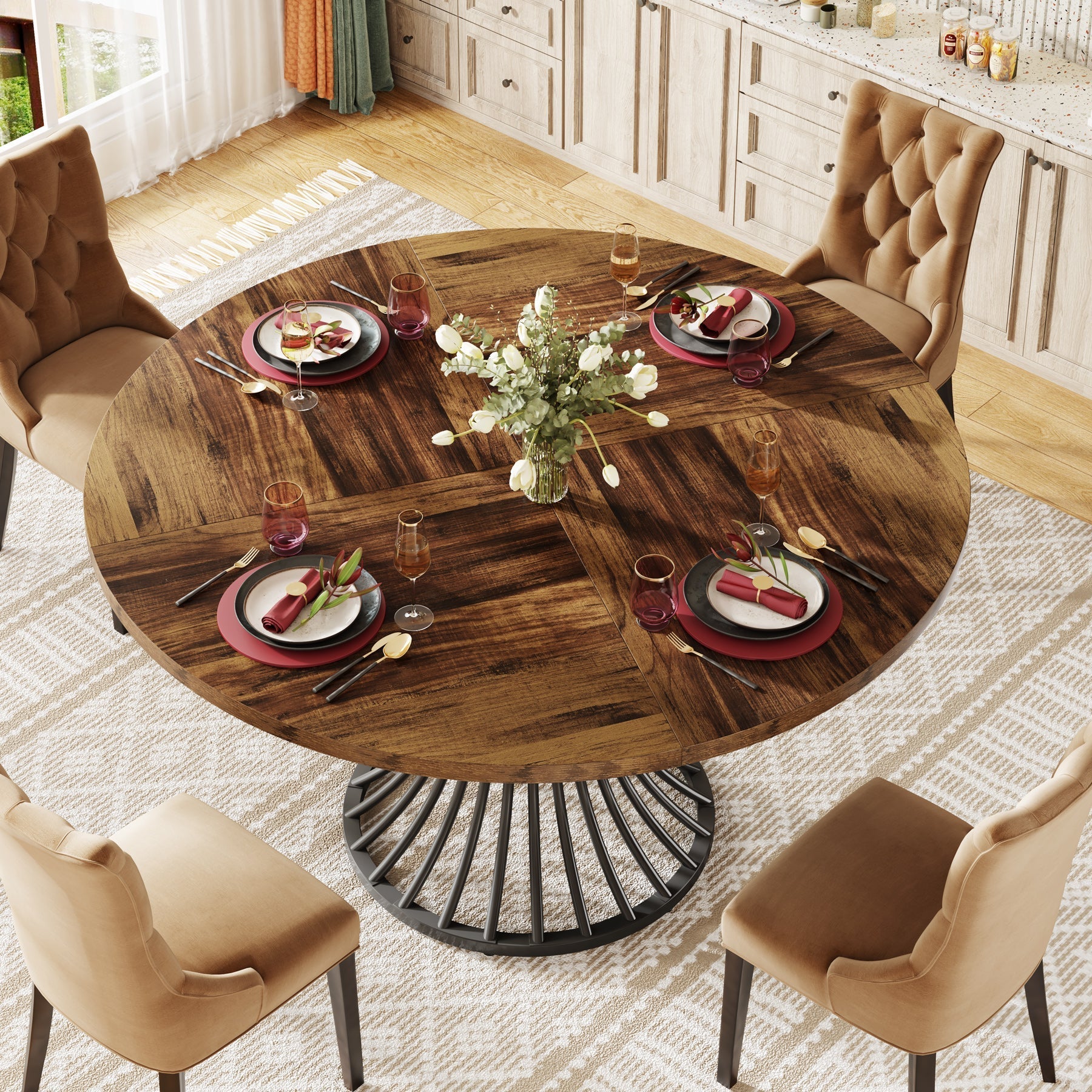 Round Dining Table for 4-6, 120 cm Farmhouse Circle Kitchen Table