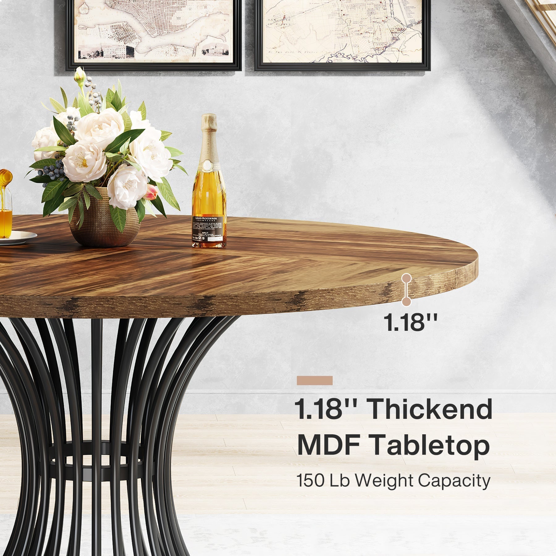 Round Dining Table for 4-6, 120 cm Farmhouse Circle Kitchen Table