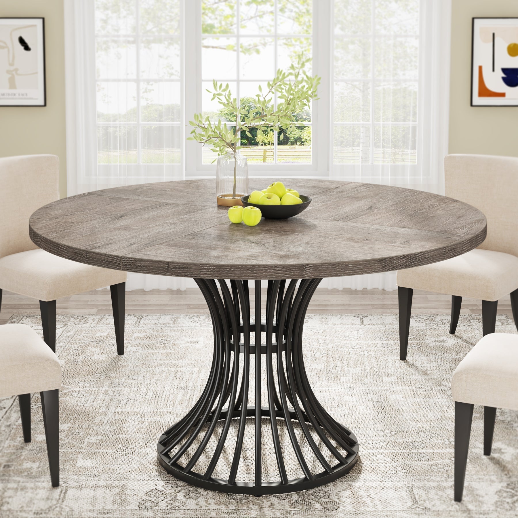 Round Dining Table for 4-6, 120 cm Farmhouse Circle Kitchen Table