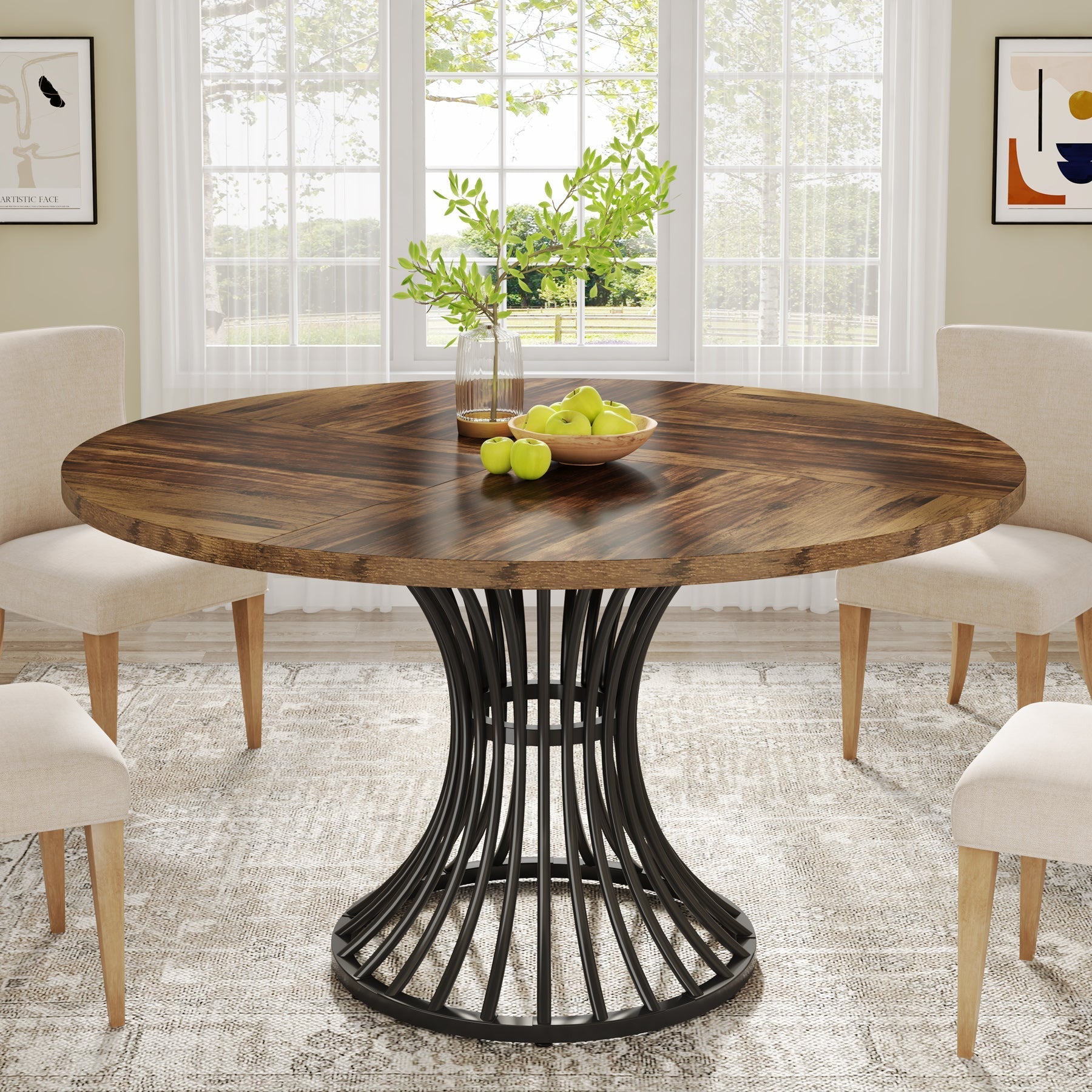 Round Dining Table for 4-6, 120 cm Farmhouse Circle Kitchen Table