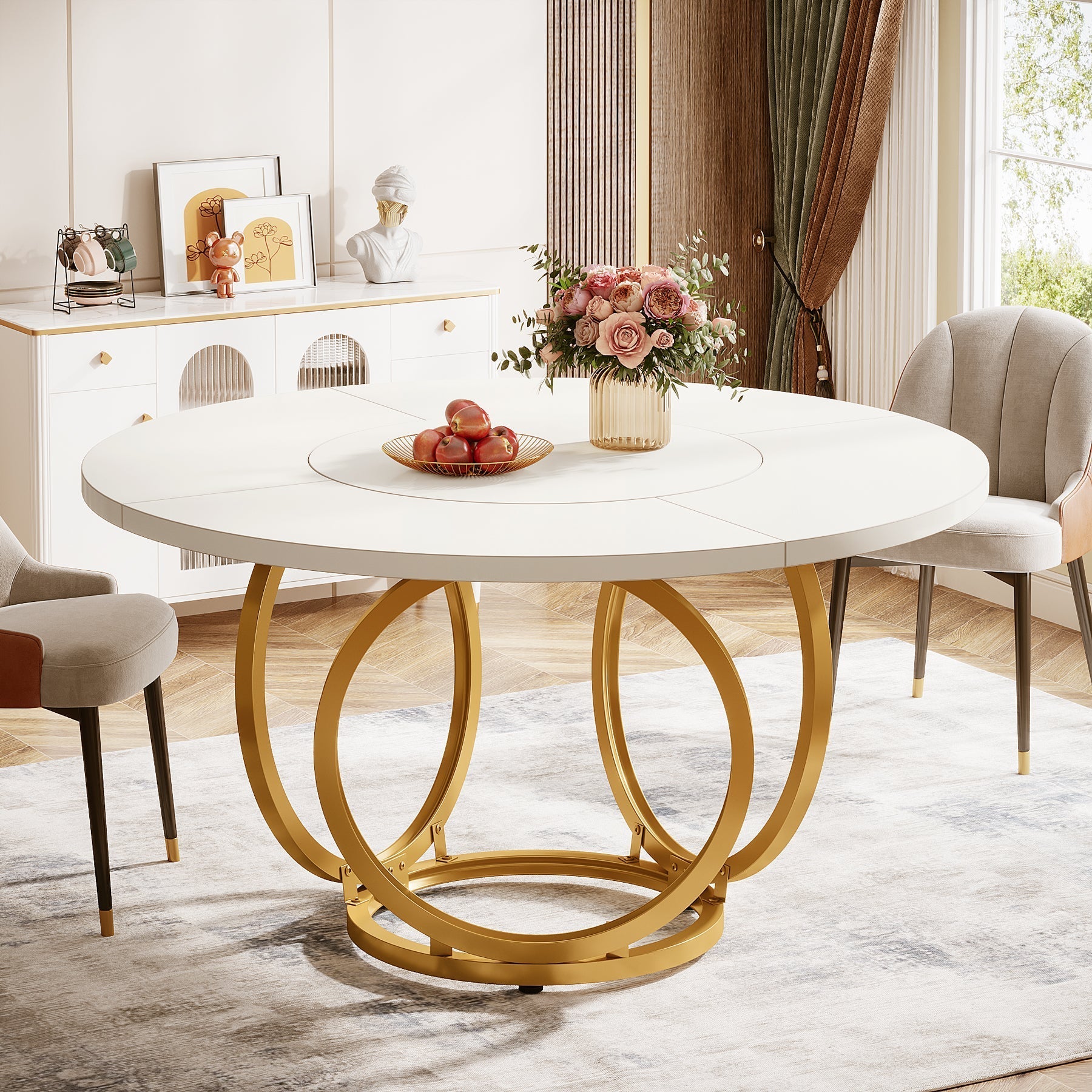 Round Dining Table for 4, Modern 120 cm Kitchen Table with Metal Base