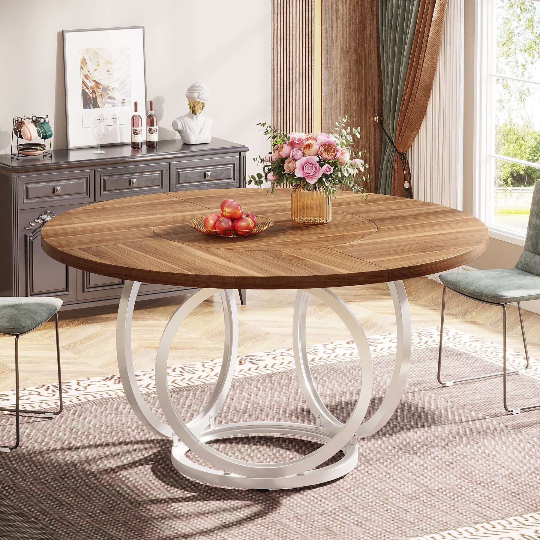 Round Dining Table for 4, Modern 120 cm Kitchen Table with Metal Base