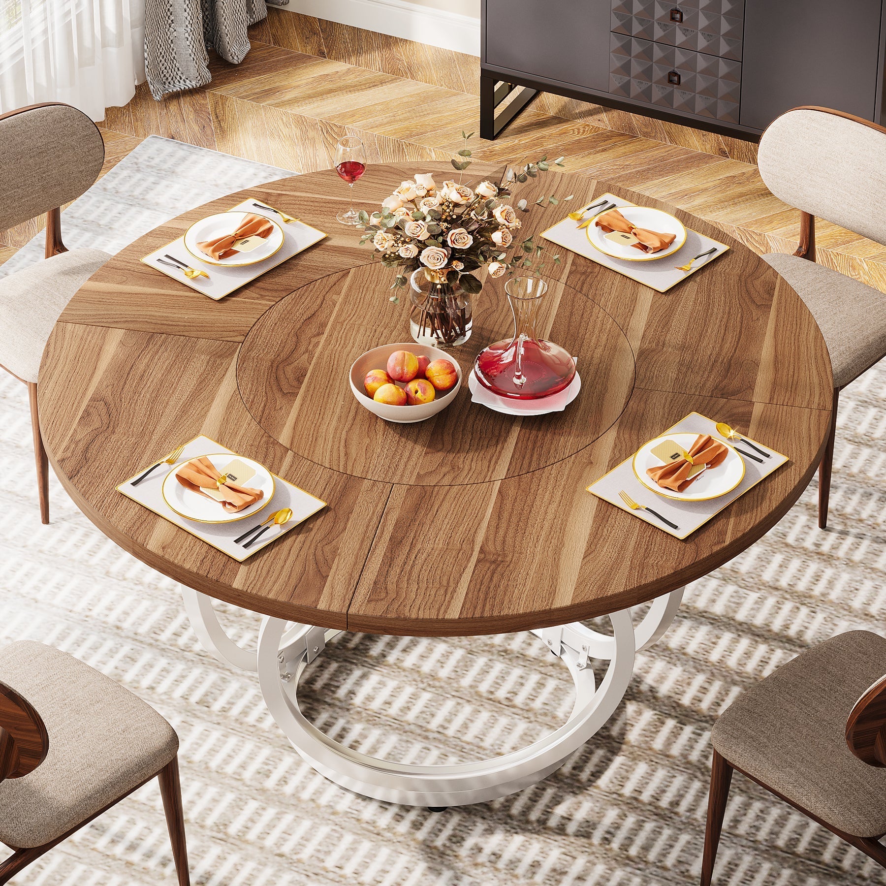 Round Dining Table for 4, Modern 120 cm Kitchen Table with Metal Base