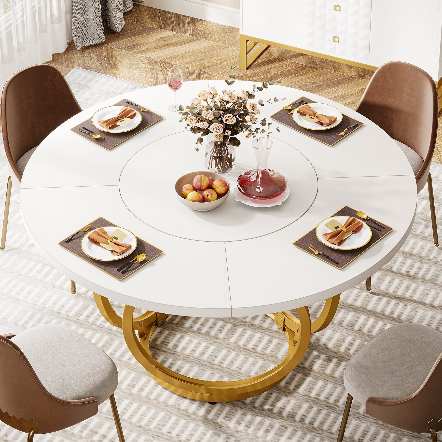 Round Dining Table for 4, Modern 120 cm Kitchen Table with Metal Base