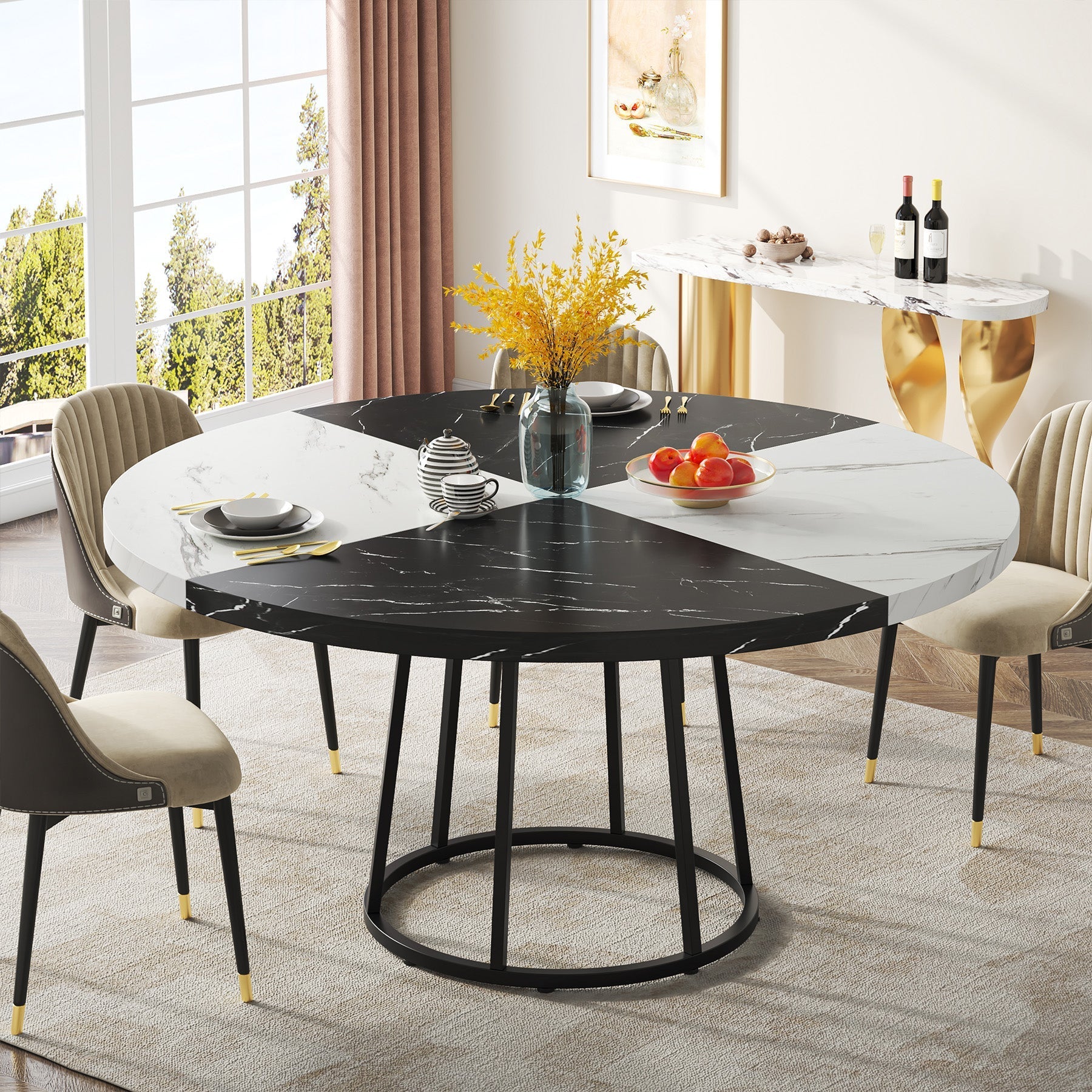 Round Dining Table for 4 People, 120 cm Kitchen Table with Circle Metal Base