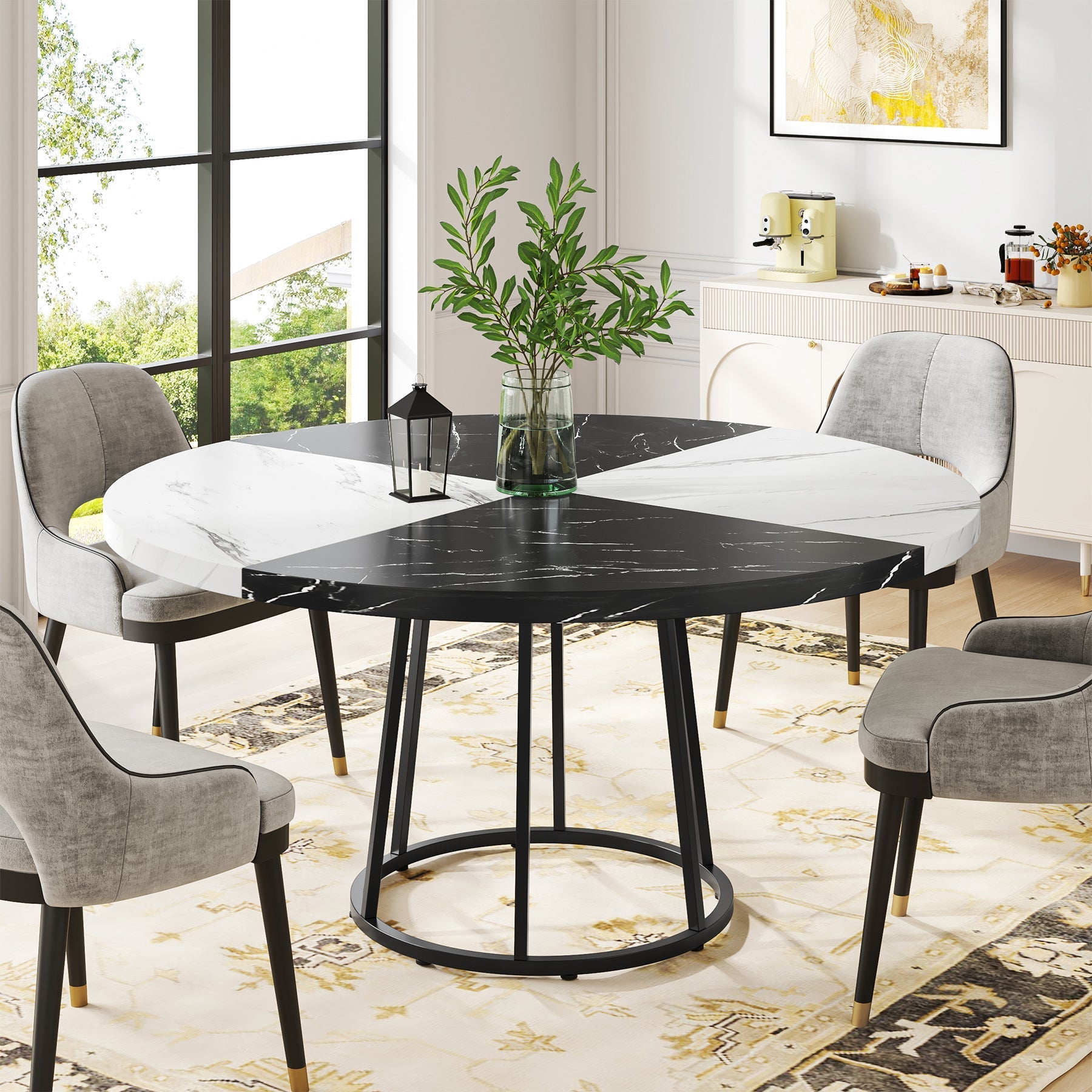 Round Dining Table for 4 People, 120 cm Kitchen Table with Circle Metal Base