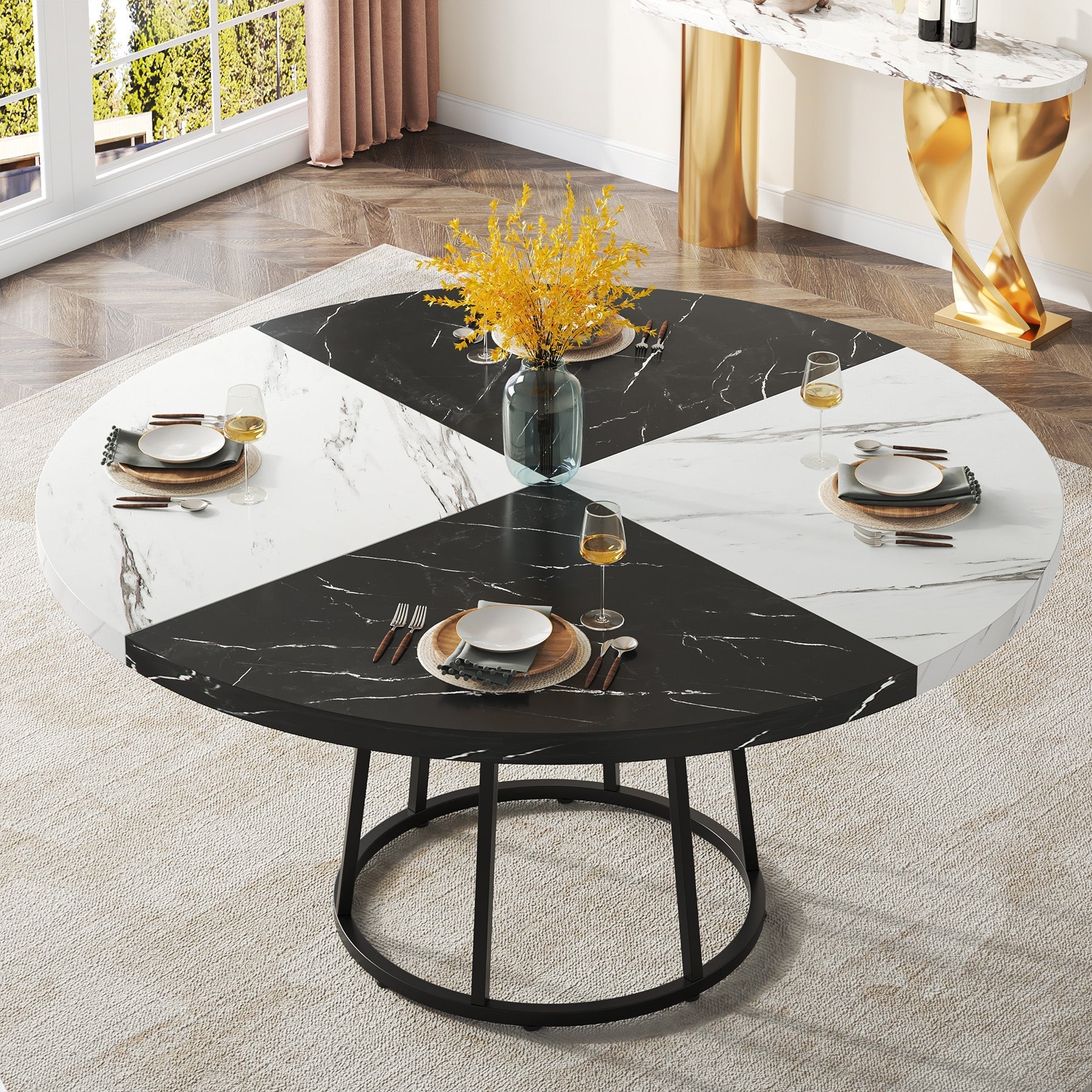 Round Dining Table for 4 People, 120 cm Kitchen Table with Circle Metal Base