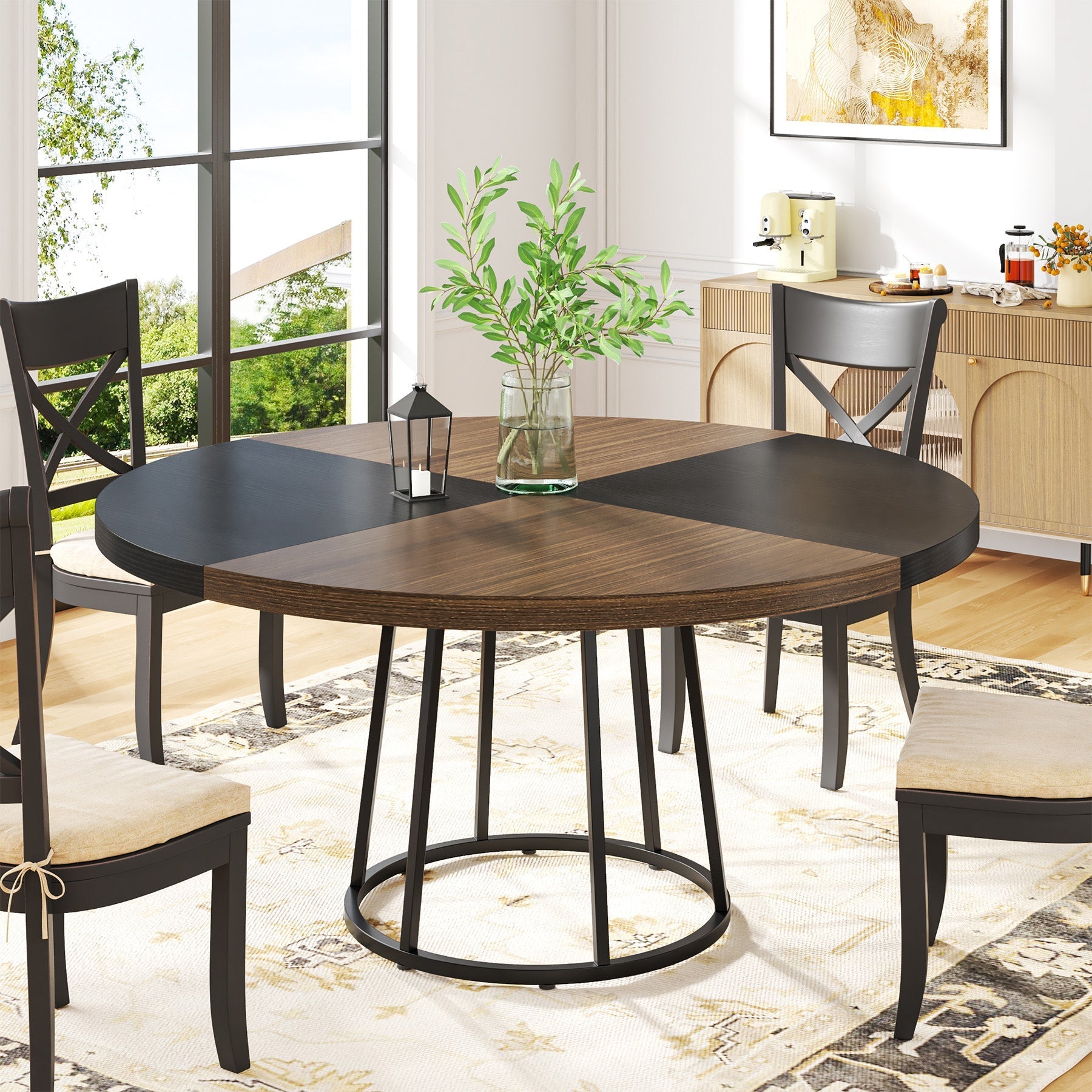 Round Dining Table for 4 People, 120 cm Kitchen Table with Circle Metal Base