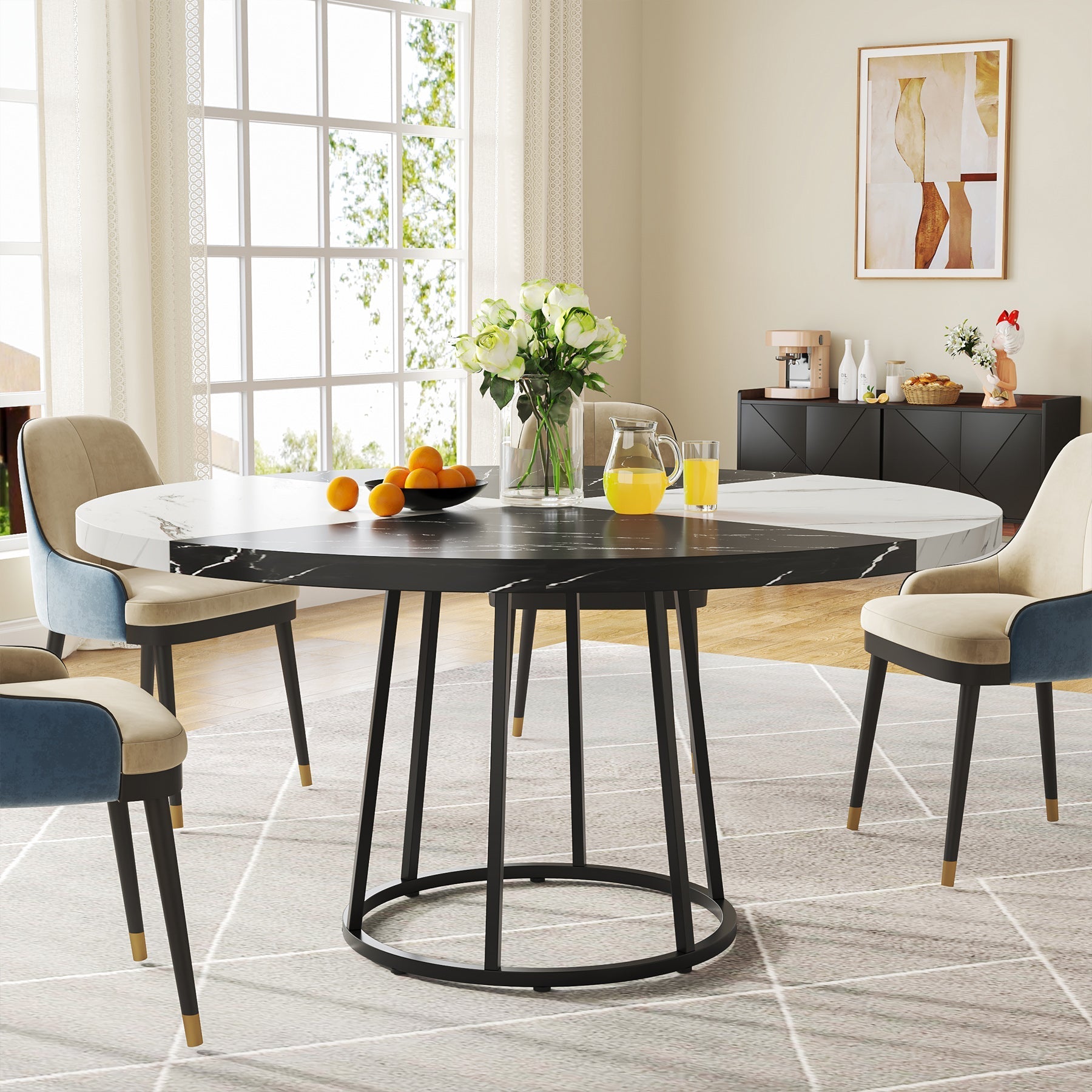 Round Dining Table for 4 People, 120 cm Kitchen Table with Circle Metal Base