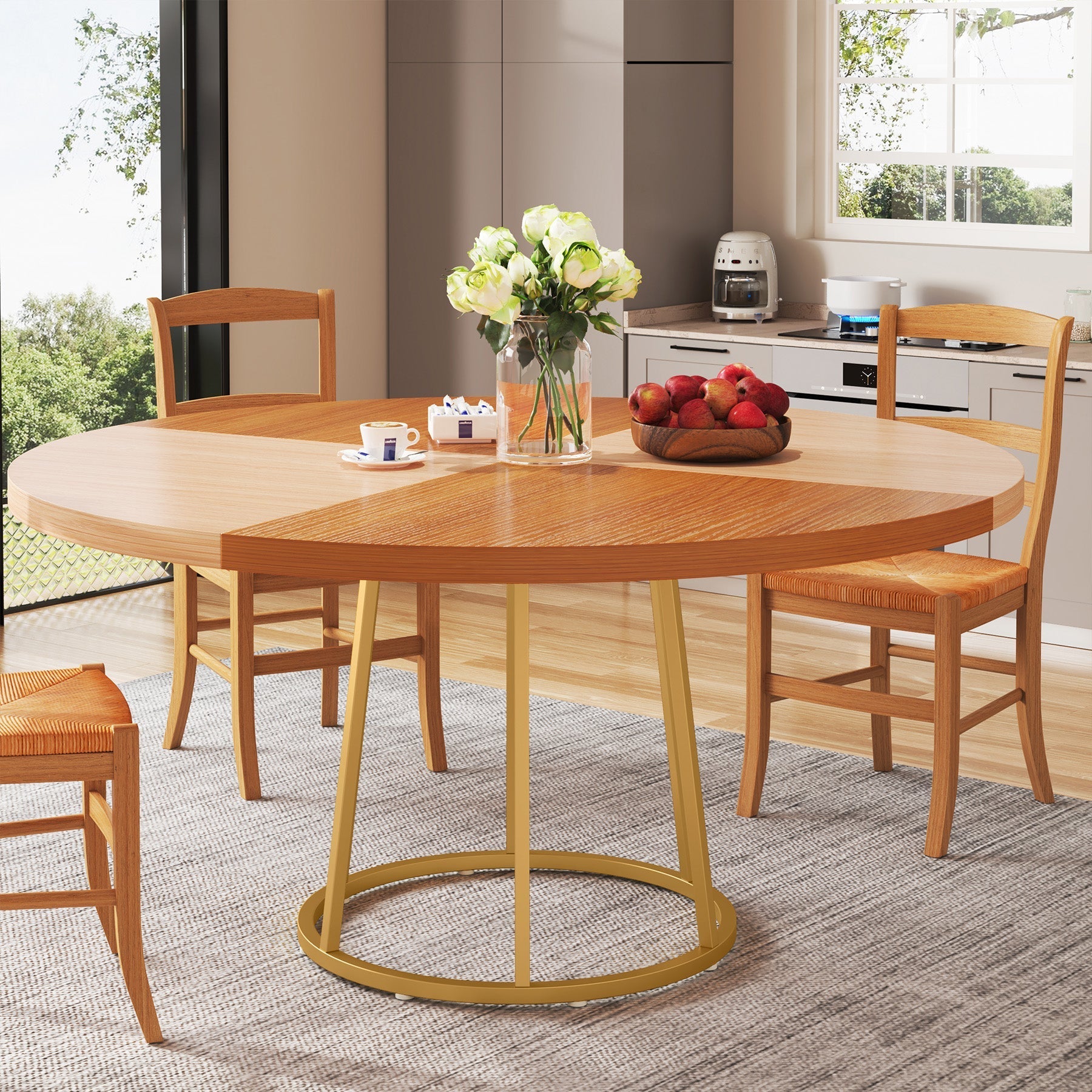 Round Dining Table for 4 People, 120 cm Kitchen Table with Circle Metal Base